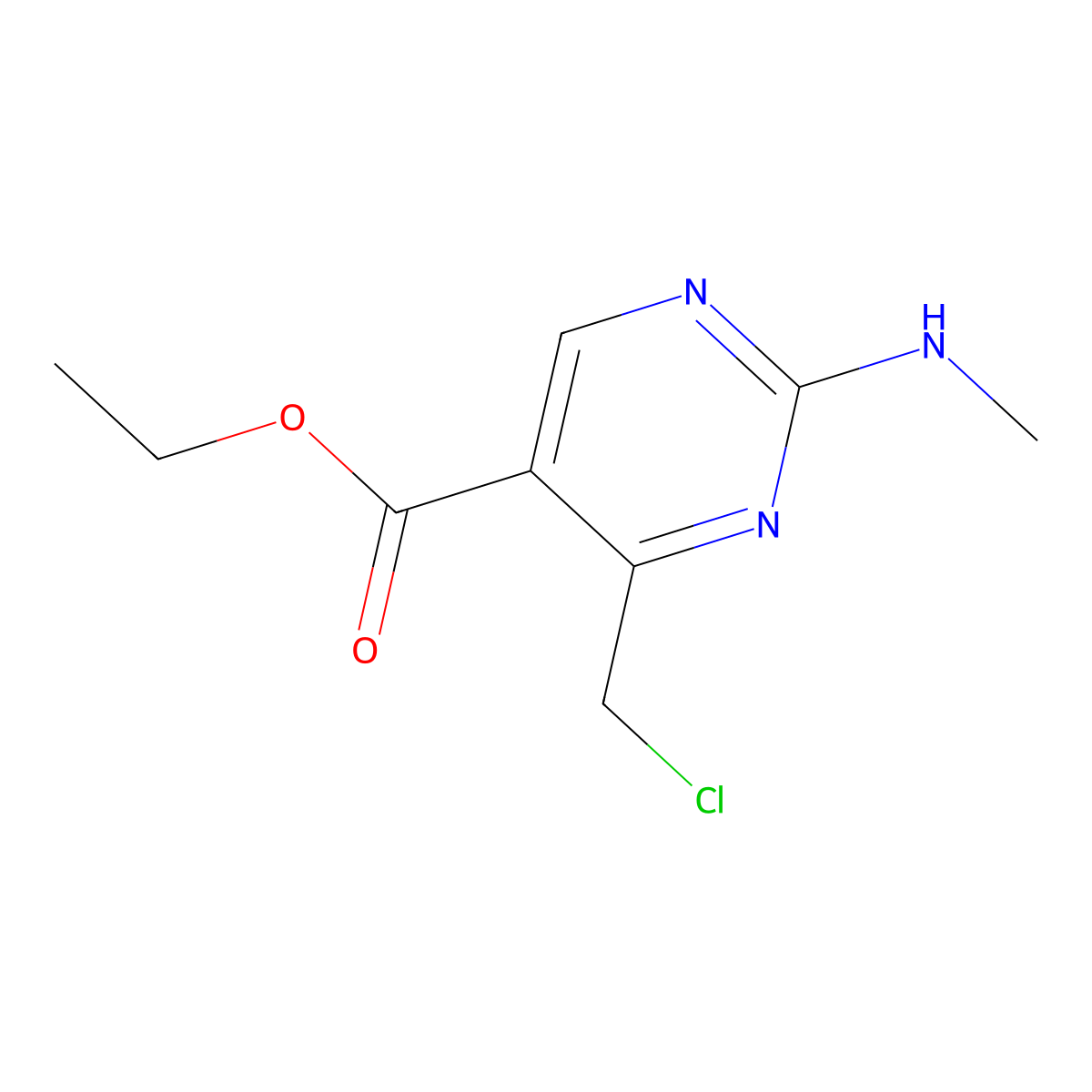 Ethyl 4-(chloromethyl)-2-(methylamino)pyrimidine-5-carboxylate molecular structure, CAS 1598311-69-3