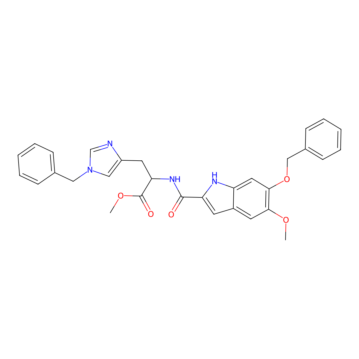 (S)-Methyl 3-(1-benzyl-1H-imidazol-4-yl)-2-(6-(benzyloxy)-5-methoxy-1H-indole-2-carboxamido)propanoate molecular structure, CAS 1598424-76-0