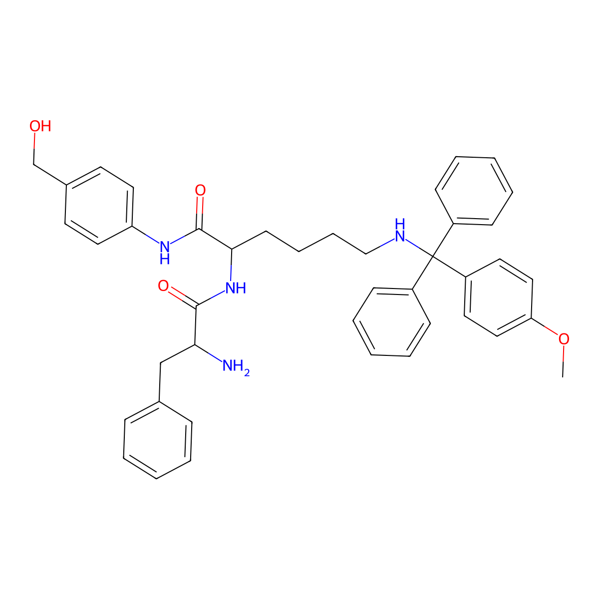 (S)-2-((S)-2-amino-3-phenyl-propionylamino)-6-{[(4-methoxy-phenyl)-diphenyl-methyl]-amino}-hexanoic acid (4-hydroxymethyl-phenyl)-amide molecular structure, CAS 159857-64-4