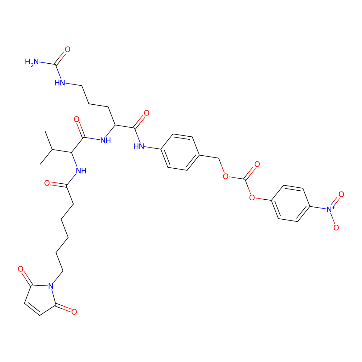 N-(6-(2,5-Dihydro-2,5-dioxo-1H-pyrrol-1-yl)-1-oxohexyl)-L-valyl-N5-(aminocarbonyl)-N-(4-((((4-nitrophenoxy)carbonyl)oxy)methyl)phenyl)-L-ornithinamide molecular structure, CAS 159857-81-5
