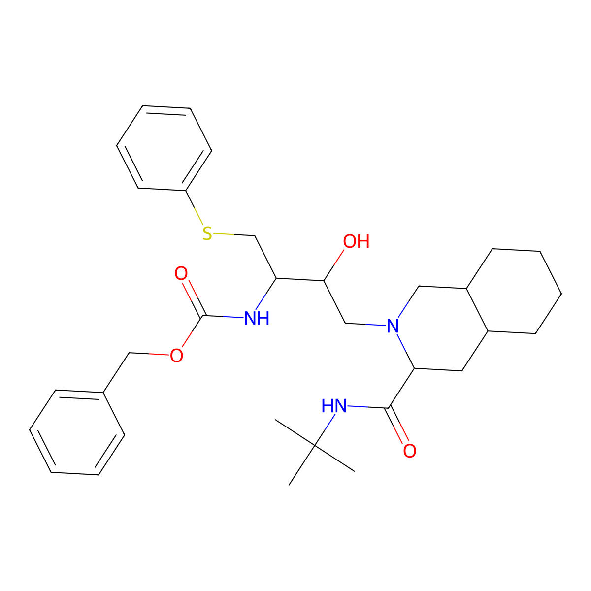 benzyl ((2R,3R)-4-((3S,4aS,8aS)-3-(tert-butylcarbamoyl)octahydroisoquinolin-2(1H)-yl)-3-hydroxy-1-(phenylthio)butan-2-yl)carbamate molecular structure, CAS 159878-04-3