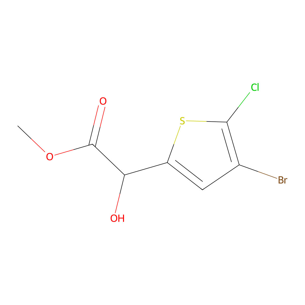 Methyl 2-(4-bromo-5-chlorothiophen-2-yl)-2-hydroxyacetate molecular structure, CAS 1599361-28-0