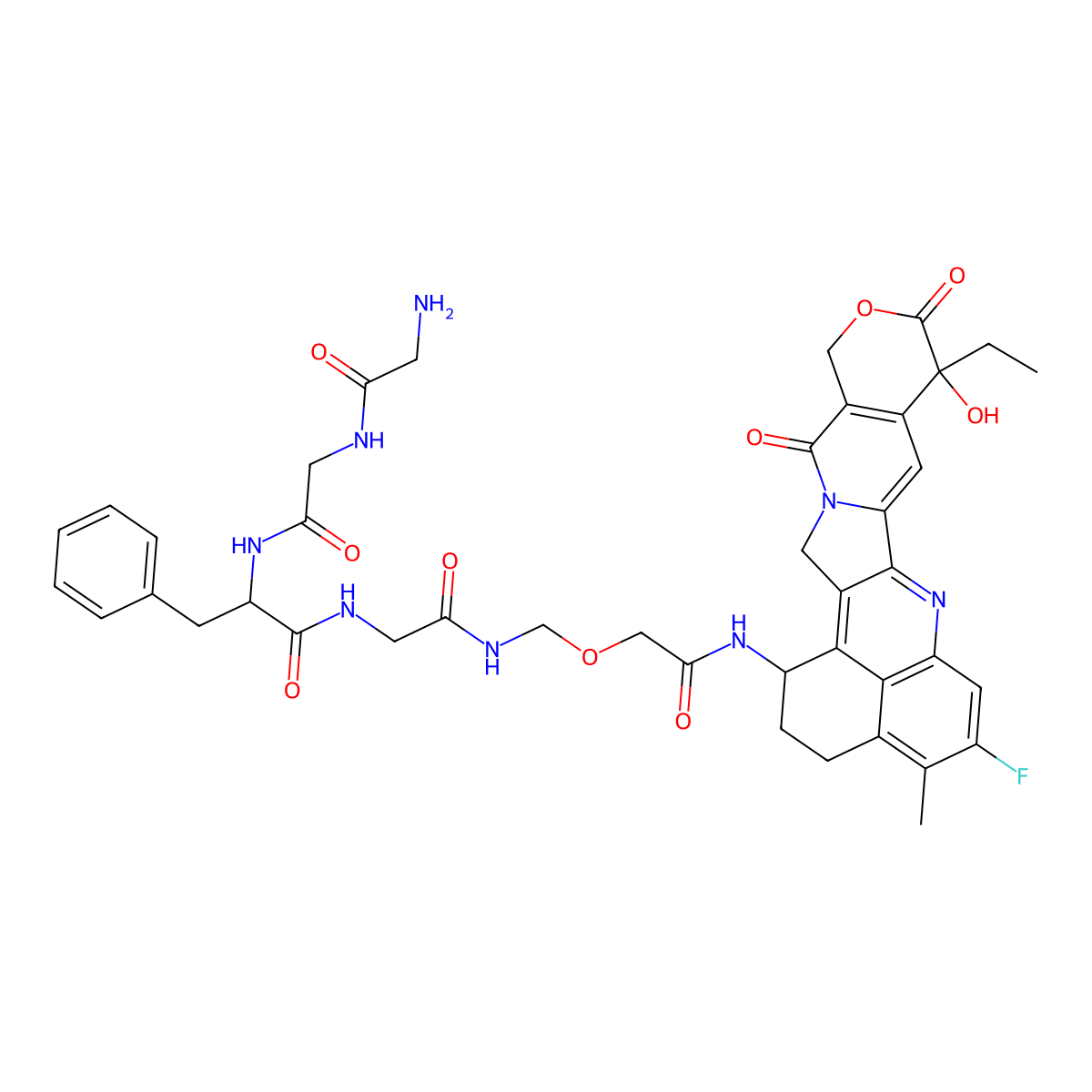 (S)-2-(2-(2-Aminoacetamido)acetamido)-N-(2-(((2-(((1S,9S)-9-ethyl-5-fluoro-9-hydroxy-4-methyl-10,13-dioxo-2,3,9,10,13,15-hexahydro-1H,12H-benzo[de]pyrano[3',4':6,7]indolizino[1,2-b]quinolin-1-yl)amino)-2-oxoethoxy)methyl)amino)-2-oxoethyl)-3-phenylpropanamide molecular structure, CAS 1599440-12-6