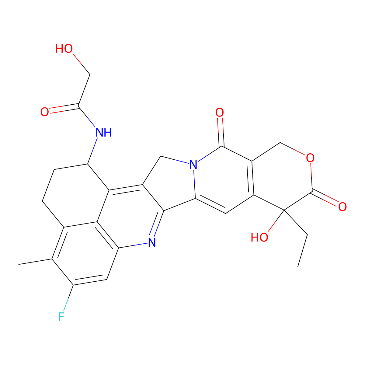 N-((1S,9S)-9-Ethyl-5-fluoro-2,3,9,10,13,15-hexahydro-9-hydroxy-4-methyl-10,13-dioxo-1H,12H-benzo(de)pyrano(3',4':6,7)indolizino(1,2-b)quinolin-1-yl)-2-hydroxyacetamide molecular structure, CAS 1599440-33-1