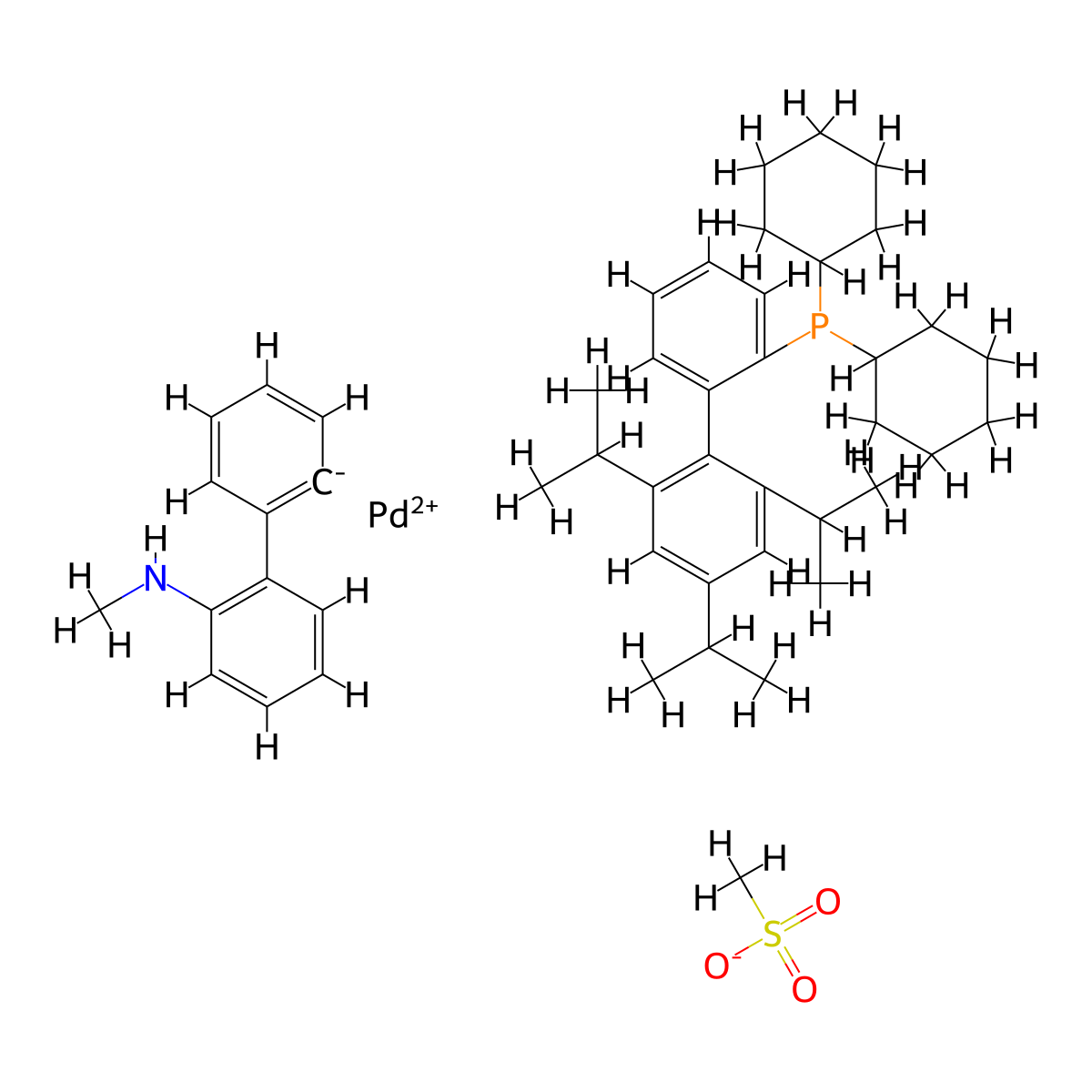 Methanesulfonato(2-dicyclohexylphosphino-2',4',6'-tri-i-propyl-1,1'-biphenyl)(2'-methylamino-1,1'-biphenyl-2-yl)palladium(II) , XPhos Pd G4 molecular structure, CAS 1599466-81-5