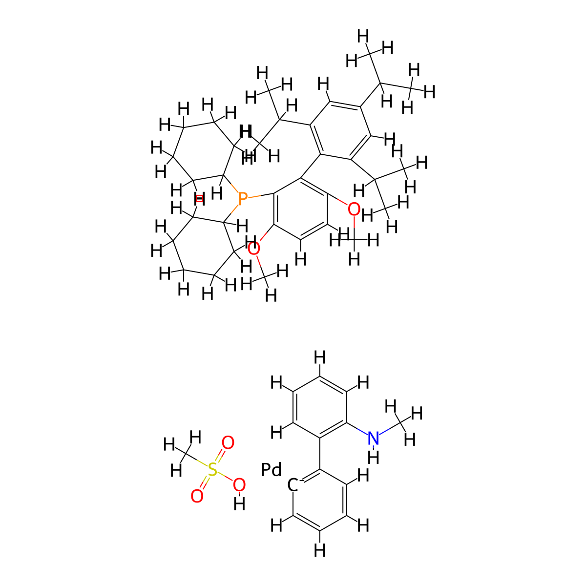 Methanesulfonato(2-dicyclohexylphosphino-3,6-dimethoxy-2',4',6'-tri-i-propyl-1,1'-biphenyl)(2'-methylamino-1,1'-biphenyl-2-yl)palladium(II) , Brettphos Pd G4 molecular structure, CAS 1599466-83-7