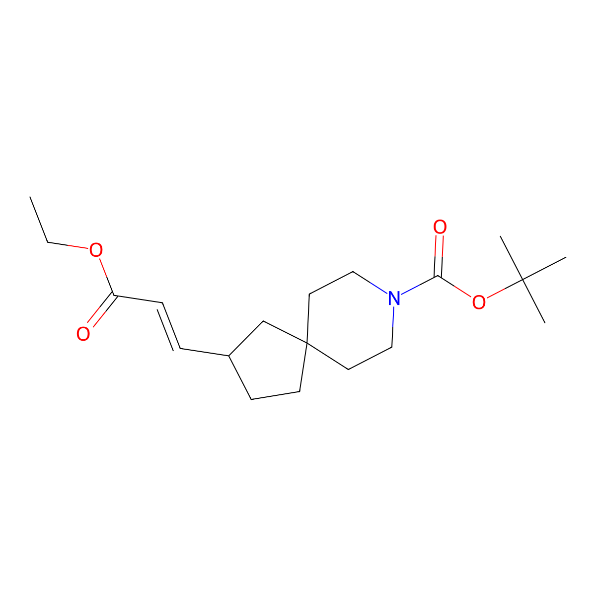Tert-butyl 2-(3-ethoxy-3-oxoprop-1-en-1-yl)-8-azaspiro[4.5]decane-8-carboxylate molecular structure, CAS 1599479-34-1