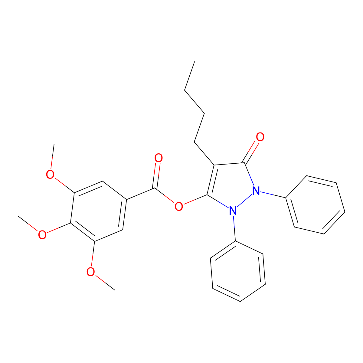 Benzoic acid, 3,4,5-trimethoxy-, 4-butyl-2,5-dihydro-5-oxo-1,2-diphenyl-1H-pyrazol-3-yl ester molecular structure, CAS 16006-74-9