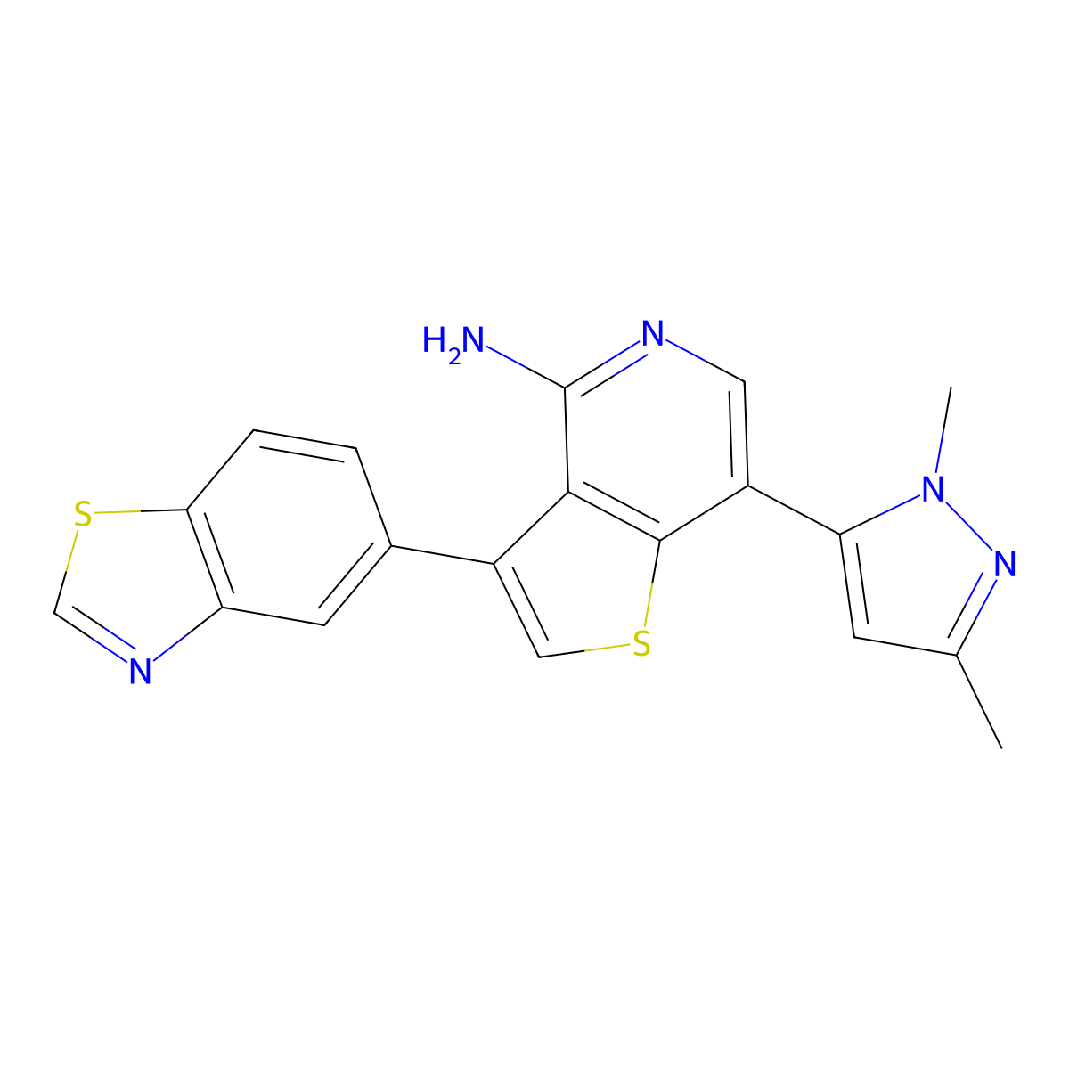 3-(1,3-benzothiazol-5-yl)-7-(1,3-dimethyl-1H-pyrazol-5-yl)thieno[3,2-c]pyridin-4-amine molecular structure, CAS 1601496-05-2