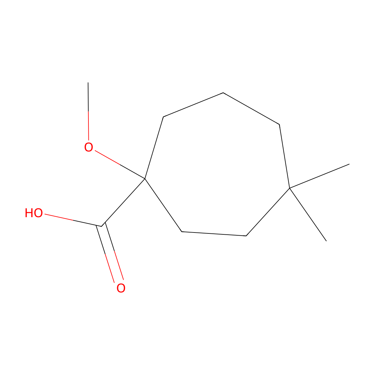 1-Methoxy-4,4-dimethylcycloheptane-1-carboxylic acid molecular structure, CAS 1601900-17-7