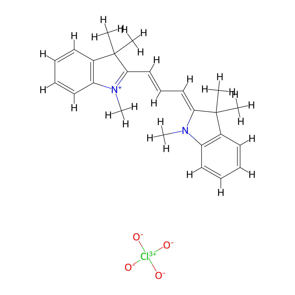 (2Z)-1,3,3-trimethyl-2-[(E)-3-(1,3,3-trimethylindol-1-ium-2-yl)prop-2-enylidene]indole;perchlorate molecular structure, CAS 16021-25-3