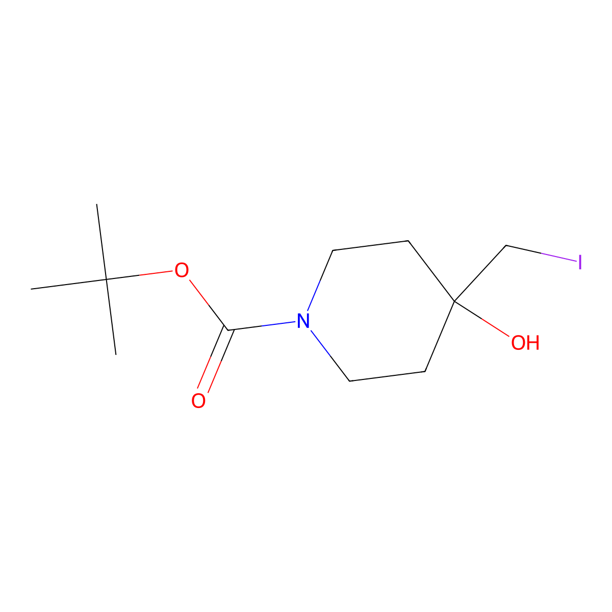 Tert-butyl 4-hydroxy-4-(iodomethyl)piperidine-1-carboxylate molecular structure, CAS 1602880-84-1