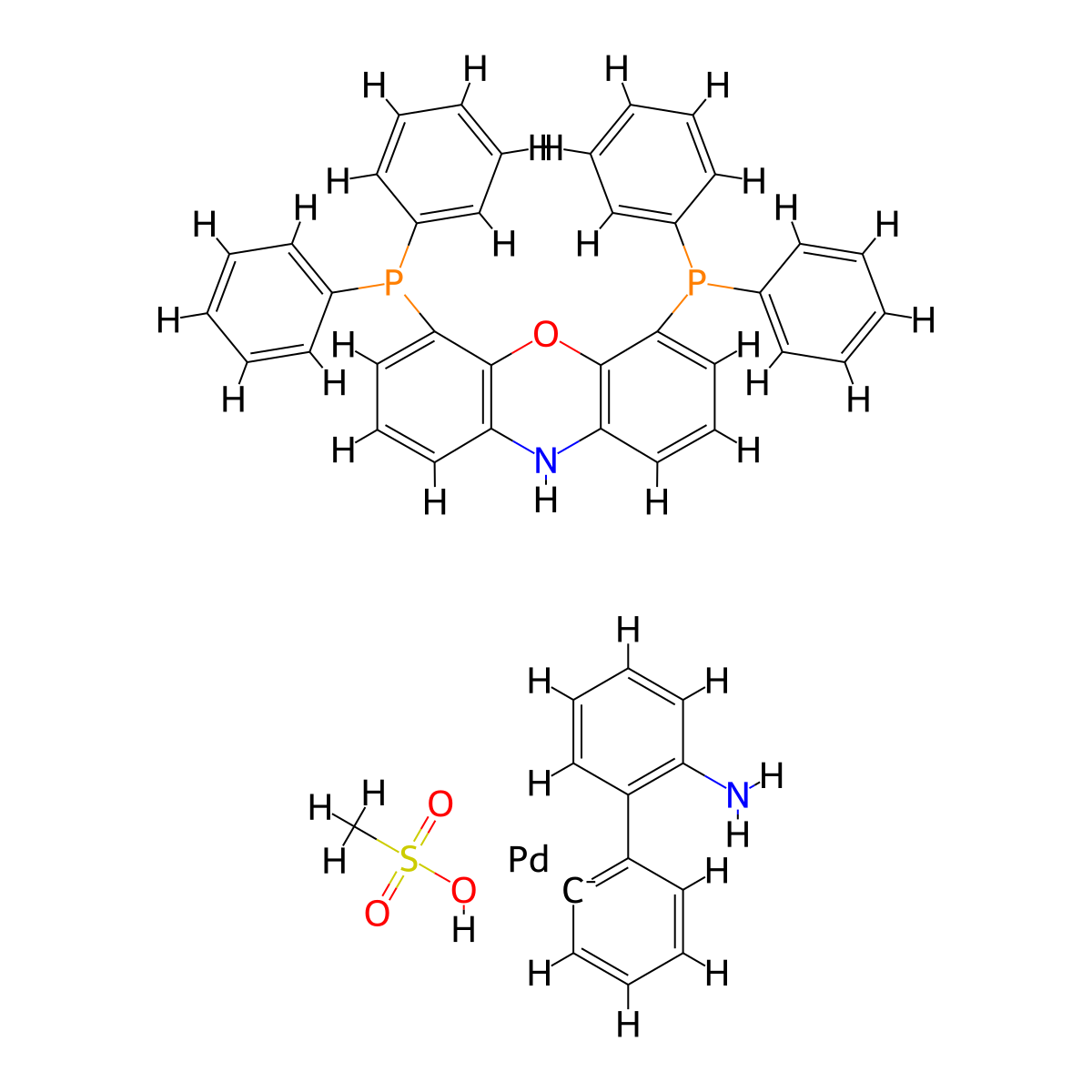 Methanesulfonato[4,6-bis(diphenylphosphino)phenoxazine](2'-amino-1,1'-biphenyl-2-yl)palladium(II) , N-XantPhos Pd G3 molecular structure, CAS 1602922-03-1