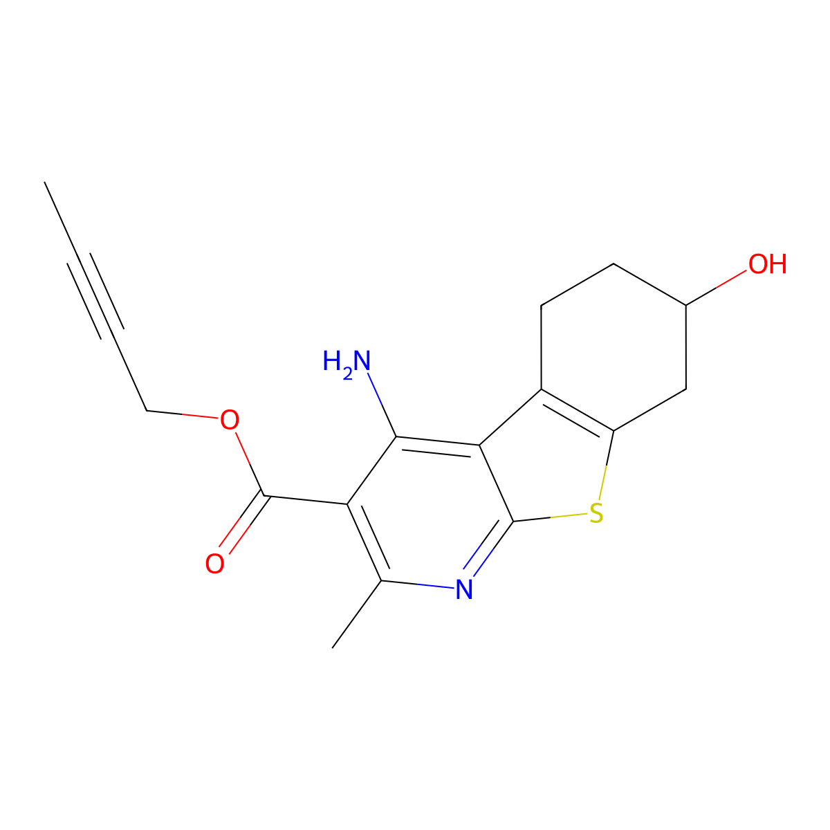 But-2-ynyl 4-amino-7-hydroxy-2-methyl-5,6,7,8-tetrahydro-[1]benzothiolo[2,3-b]pyridine-3-carboxylate molecular structure, CAS 160296-13-9