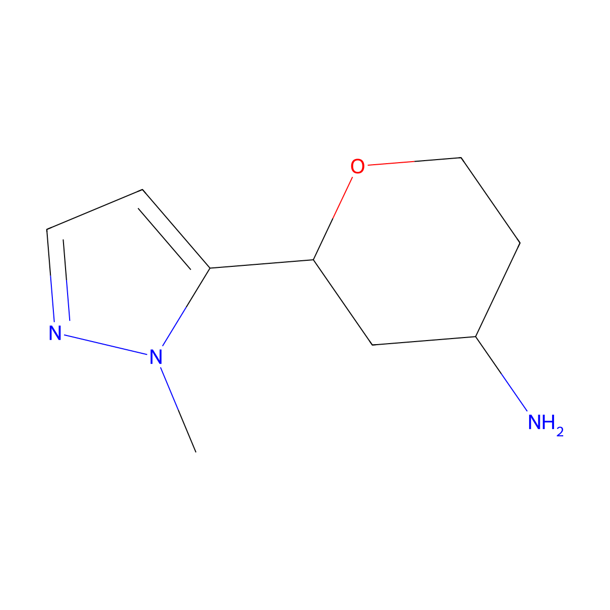 2-(1-methyl-1H-pyrazol-5-yl)oxan-4-amine molecular structure, CAS 1603216-53-0