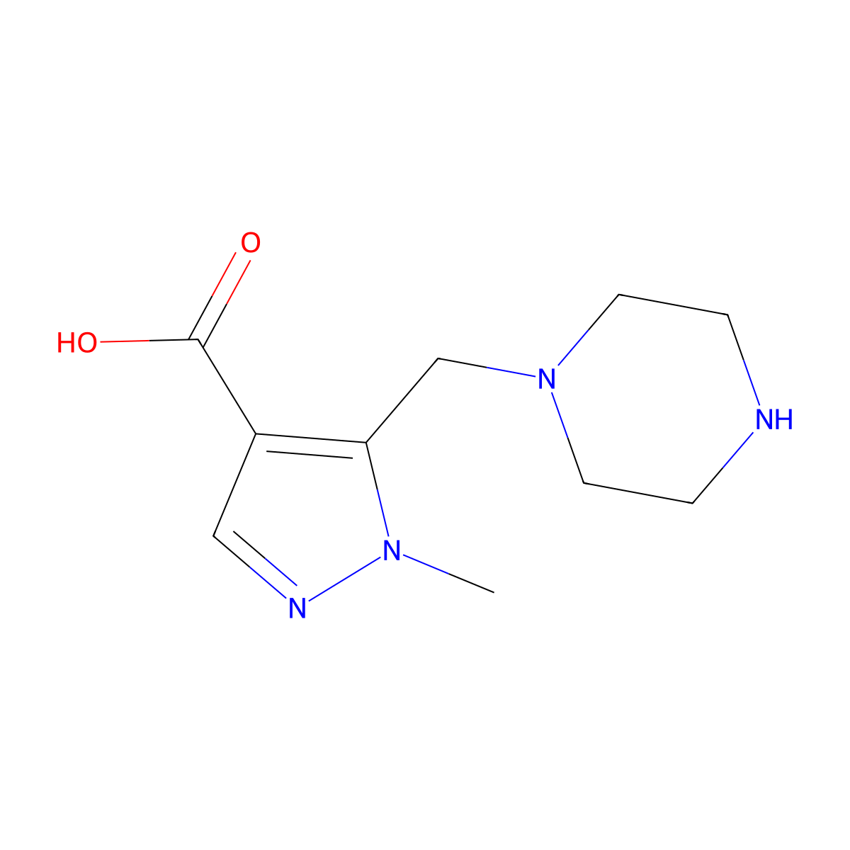 1-methyl-5-[(piperazin-1-yl)methyl]-1H-pyrazole-4-carboxylic acid molecular structure, CAS 1603286-55-0