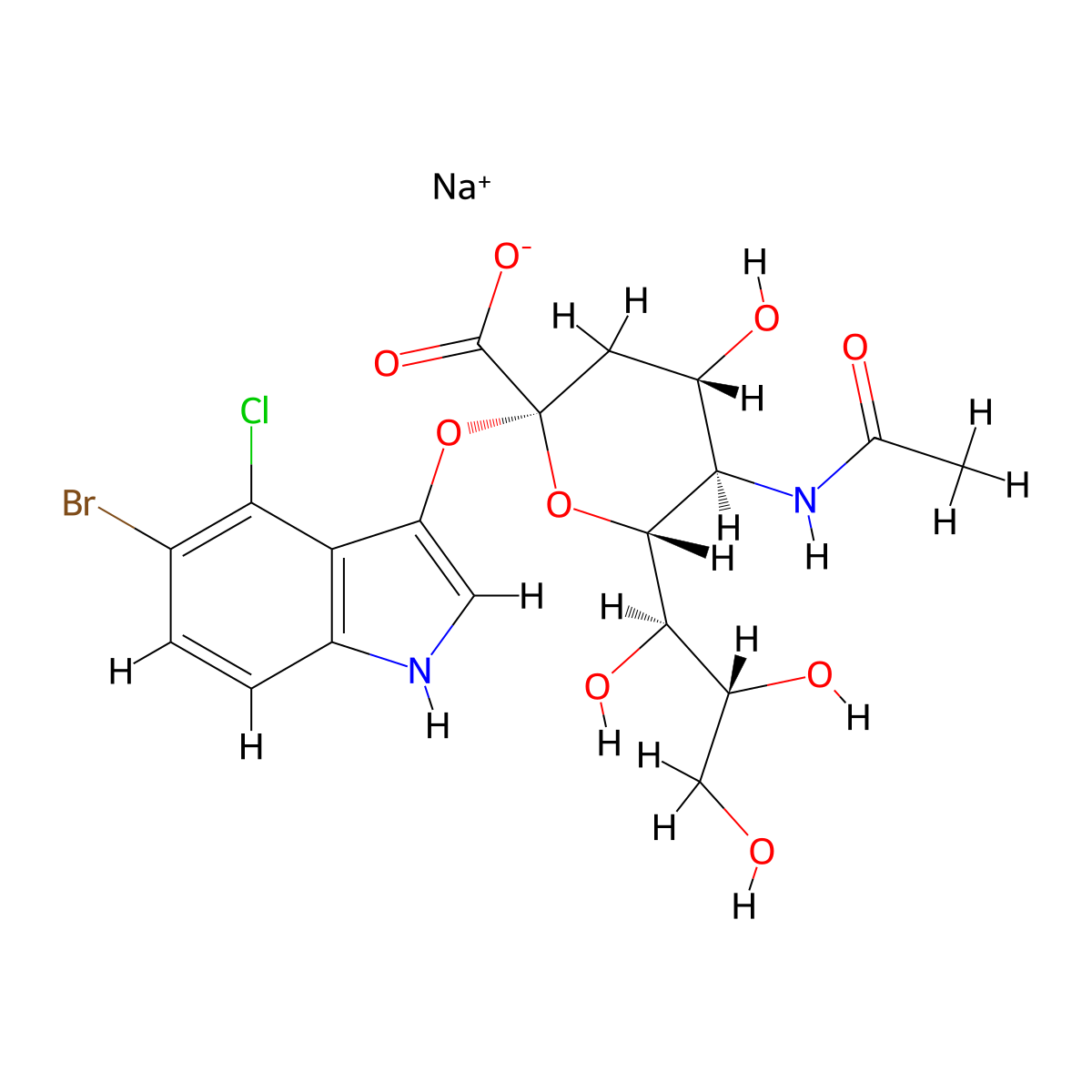 alpha-Neuraminic acid, N-acetyl-2-O-(5-bromo-4-chloro-1H-indol-3-yl)-, sodium salt (1:1) molecular structure, CAS 160369-85-7