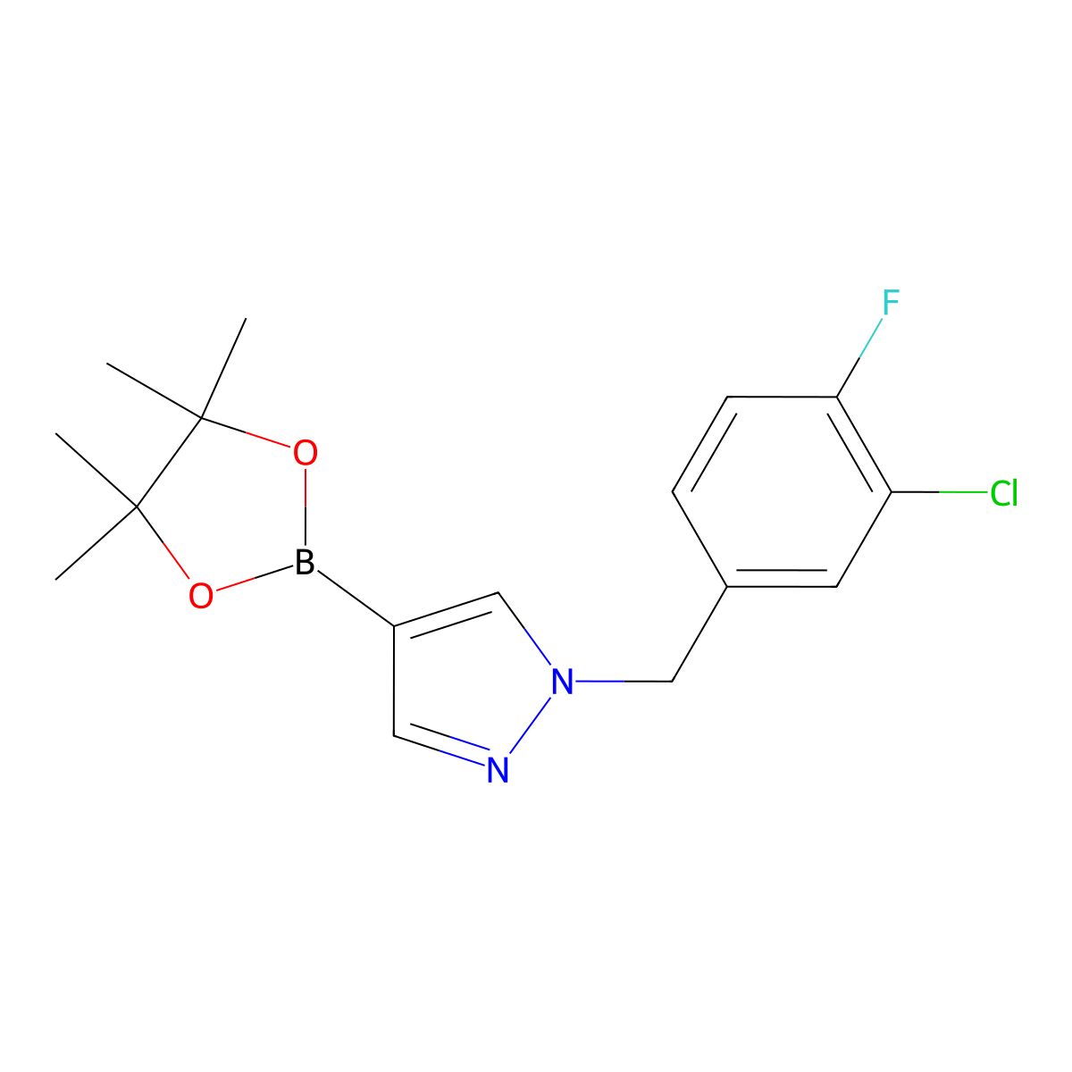 1-(3-Chloro-4-fluorobenzyl)-4-(4,4,5,5-tetramethyl-1,3,2-dioxaborolan-2-yl)-1H-pyrazole molecular structure, CAS 1604036-60-3