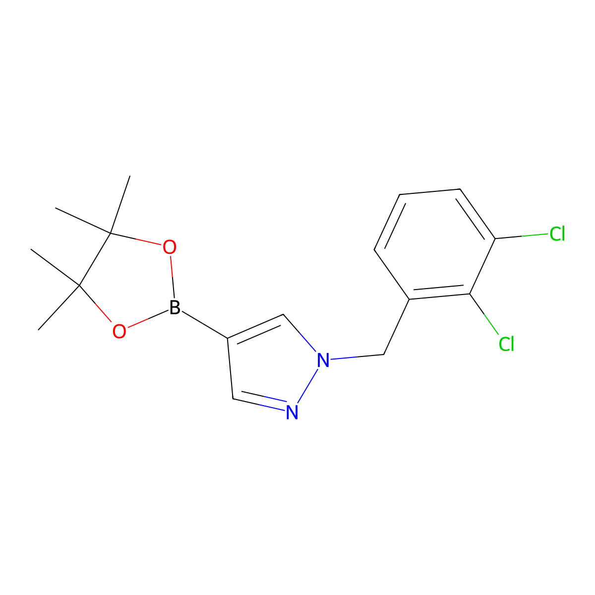 1H-Pyrazole, 1-[(2,3-dichlorophenyl)methyl]-4-(4,4,5,5-tetramethyl-1,3,2-dioxaborolan-2-yl)- molecular structure, CAS 1604036-62-5