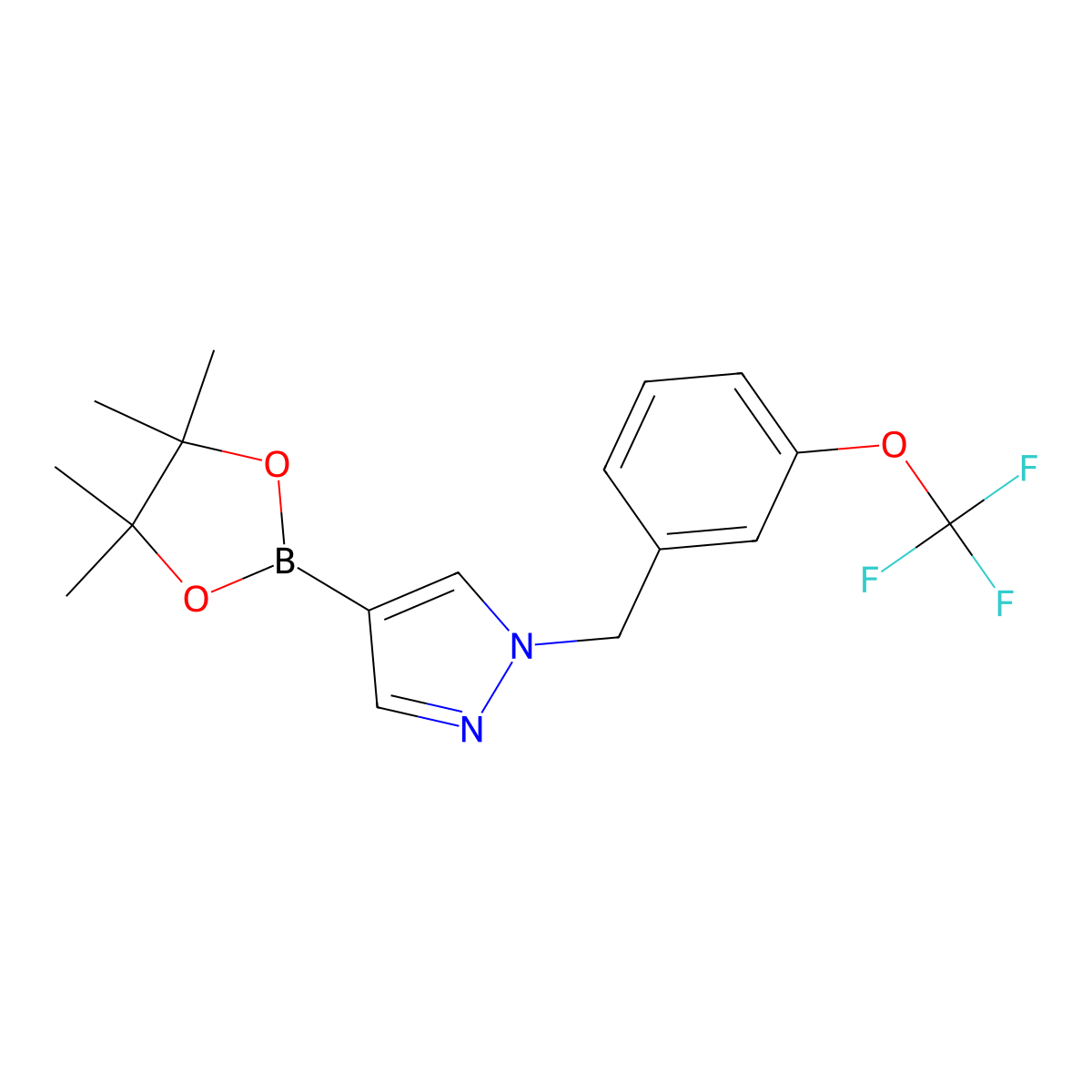 1H-Pyrazole, 4-(4,4,5,5-tetramethyl-1,3,2-dioxaborolan-2-yl)-1-[[3-(trifluoromethoxy)phenyl]methyl]- molecular structure, CAS 1604036-63-6