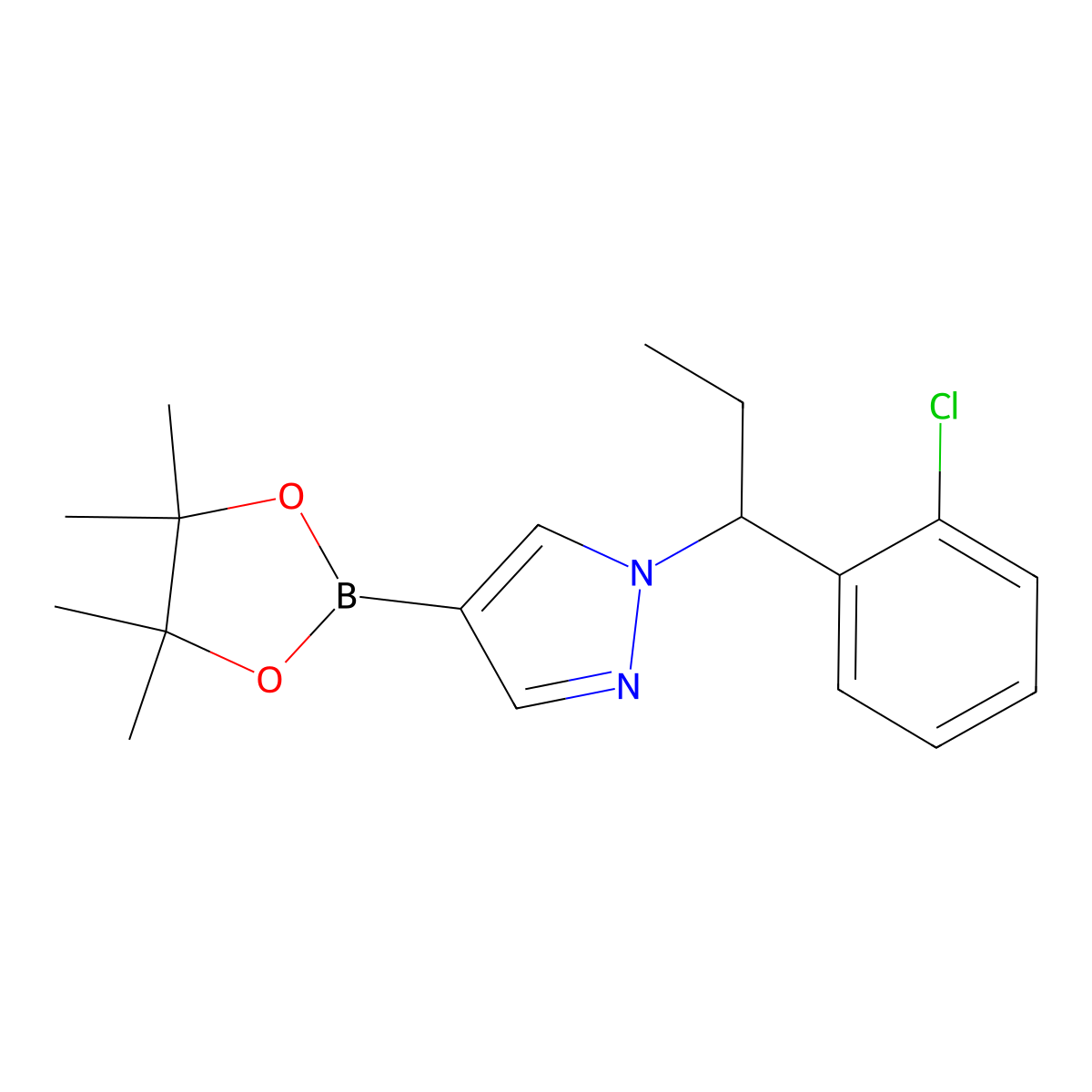 1-(1-(2-Chlorophenyl)propyl)-4-(4,4,5,5-tetramethyl-1,3,2-dioxaborolan-2-yl)-1H-pyrazole molecular structure, CAS 1604037-07-1