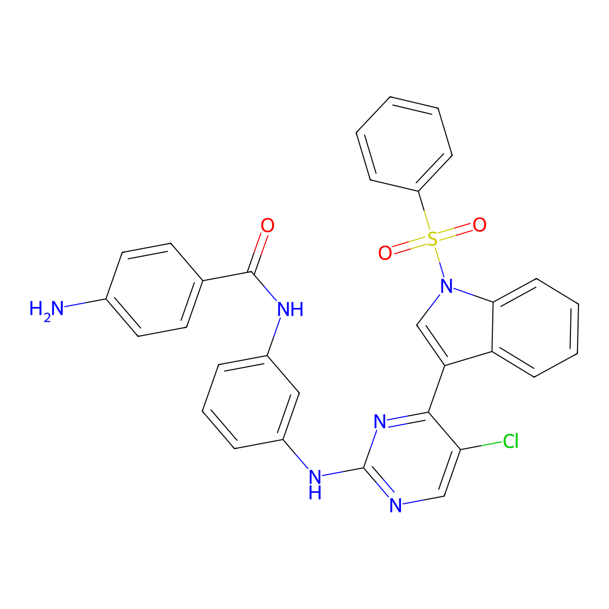 4-amino-N-(3-((5-chloro-4-(1-(phenylsulfonyl)-1H-indol-3-yl)pyrimidin-2-yl)amino)phenyl)benzamide molecular structure, CAS 1604811-59-7