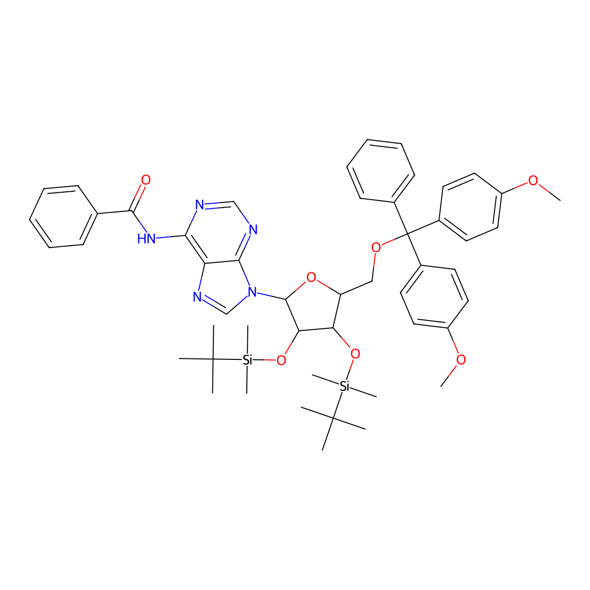 N-(9-((2R,3R,4R,5R)-5-((Bis(4-methoxyphenyl)(phenyl)methoxy)methyl)-3,4-bis((tert-butyldimethylsilyl)oxy)tetrahydrofuran-2-yl)-9H-purin-6-yl)benzamide molecular structure, CAS 160513-05-3