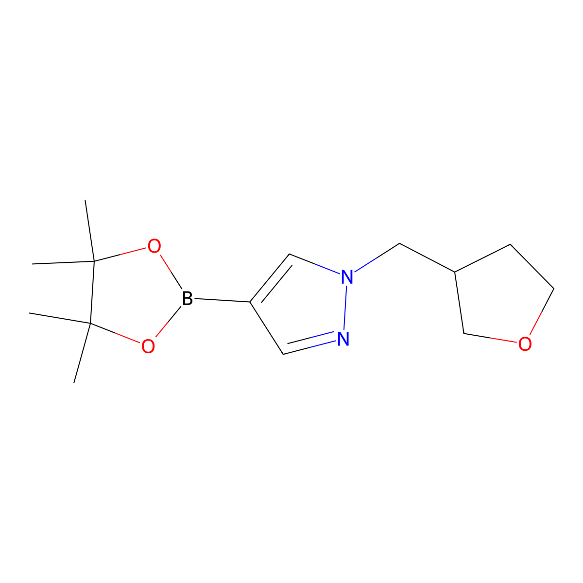 1-((tetrahydrofuran-3-yl)methyl)-4-(4,4,5,5-tetramethyl-1,3,2-dioxaborolan-2-yl)-1H-pyrazole molecular structure, CAS 1605294-11-8