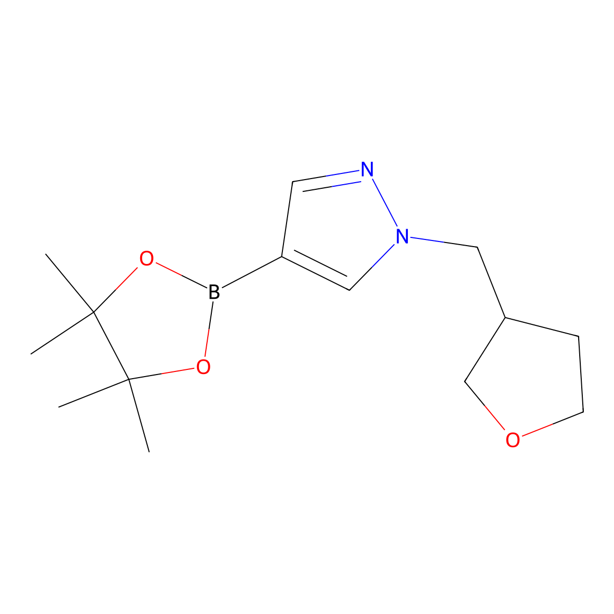 1-((tetrahydrofuran-3-yl)methyl)-4-(4,4,5,5-tetramethyl-1,3,2-dioxaborolan-2-yl)-1H-pyrazole molecular structure, CAS 1605294-11-8