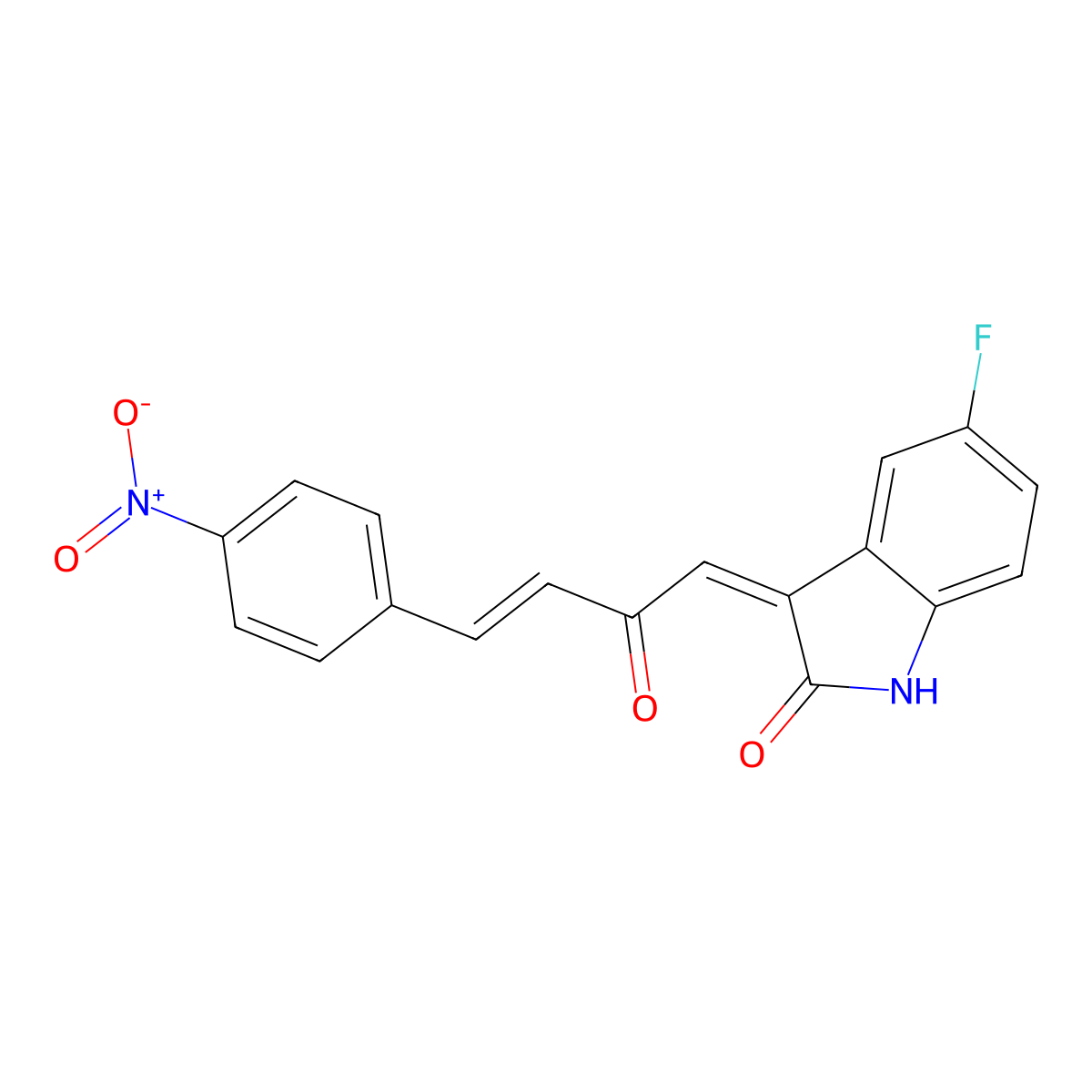5-Fluoro-3-(4-(4-nitrophenyl)-2-oxobut-3-enylidene)indolin-2-one molecular structure, CAS 1606160-46-6