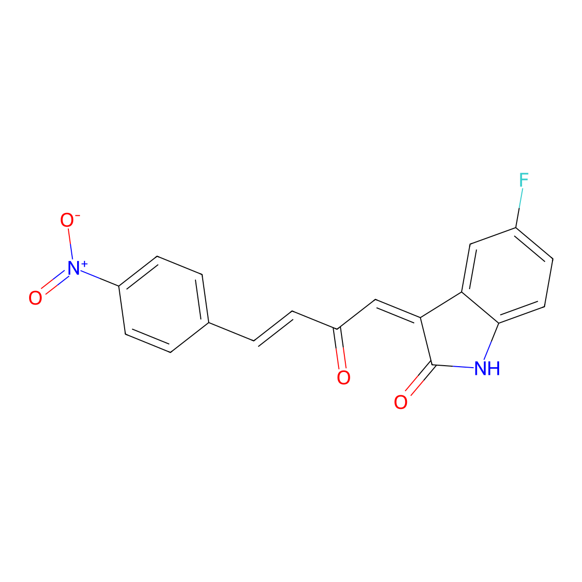 5-Fluoro-3-(4-(4-nitrophenyl)-2-oxobut-3-enylidene)indolin-2-one molecular structure, CAS 1606160-46-6
