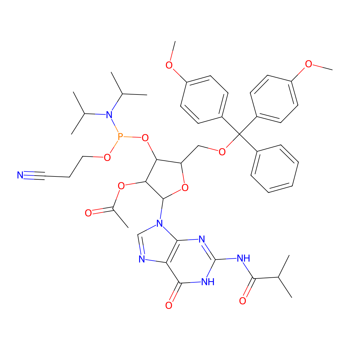 [(2R,3S,4R,5R)-5-[[bis(4-methoxyphenyl)-phenylmethoxy]methyl]-4-[2-cyanoethoxy-[di(propan-2-yl)amino]phosphanyl]oxy-2-[2-(2-methylpropanoylamino)-6-oxo-1H-purin-9-yl]oxolan-3-yl] acetate molecular structure, CAS 160684-51-5
