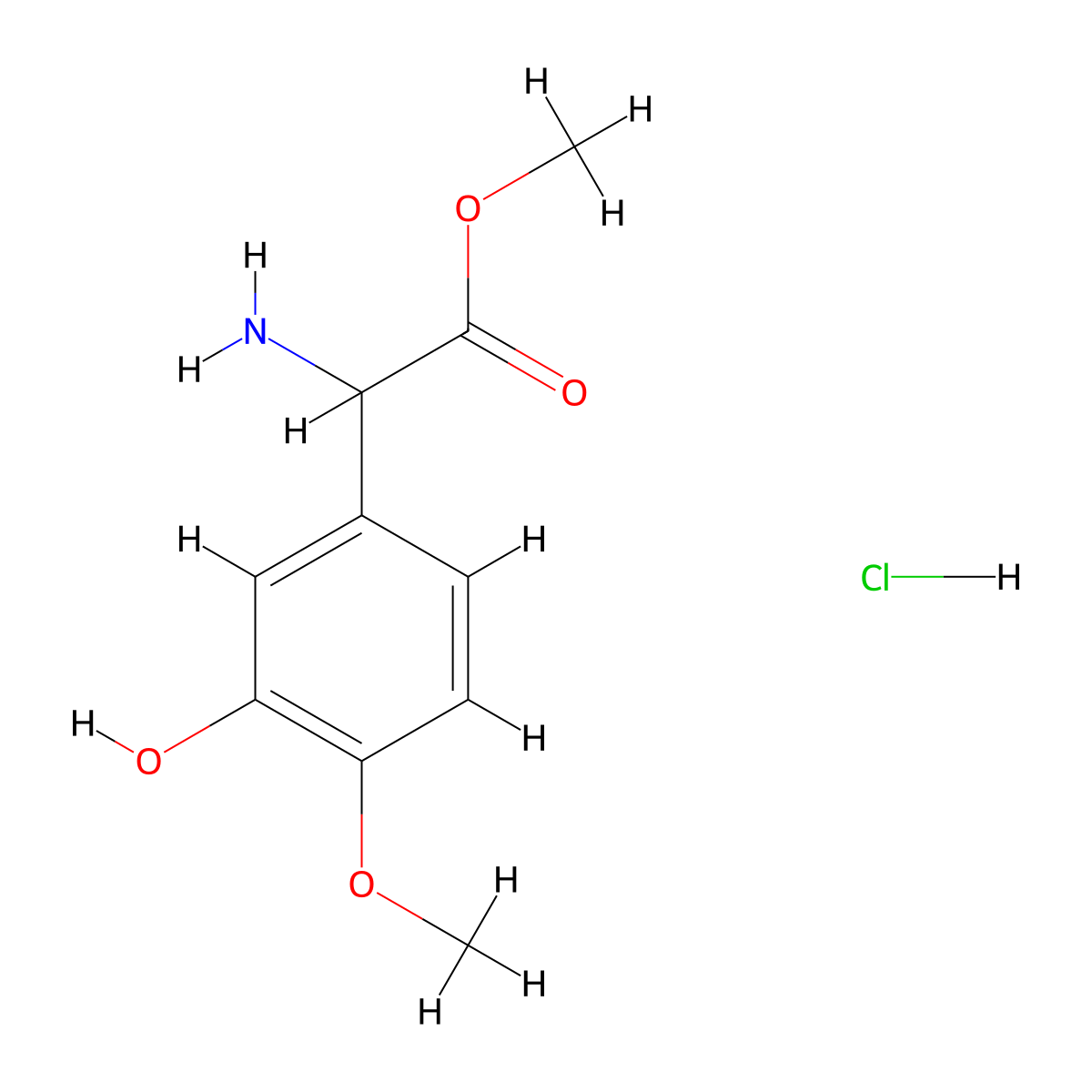 Methyl 2-amino-2-(3-hydroxy-4-methoxyphenyl)acetate hydrochloride molecular structure, CAS 1607016-37-4