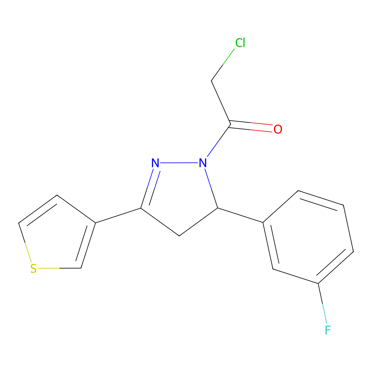 2-chloro-1-[5-(3-fluorophenyl)-3-(thiophen-3-yl)-4,5-dihydro-1H-pyrazol-1-yl]ethan-1-one molecular structure, CAS 1607287-65-9