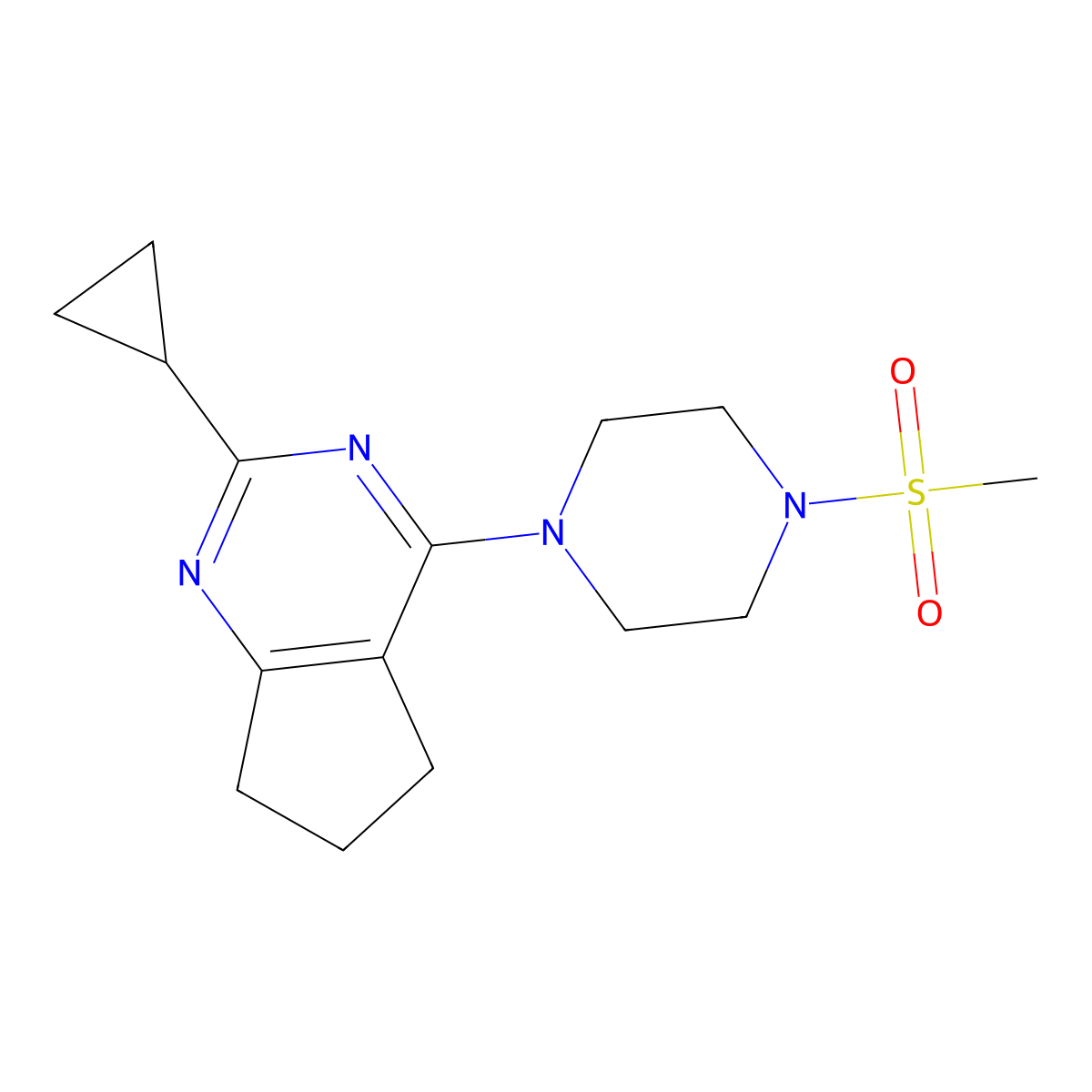1-{2-Cyclopropyl-5H,6H,7H-cyclopenta[D]pyrimidin-4-YL}-4-methanesulfonylpiperazine molecular structure, CAS 1607289-03-1