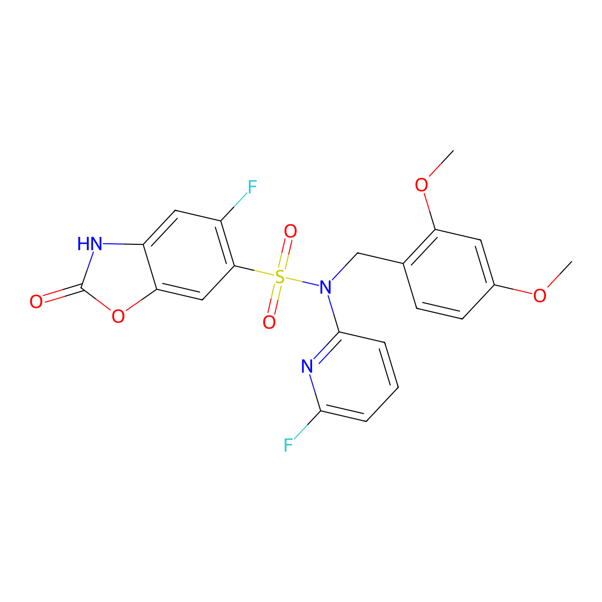 N-(2,4-dimethoxybenzyl)-5-fluoro-N-(6-fluoropyridin-2-yl)-2-oxo-2,3-dihydrobenzo[d]oxazole-6-sulfonamide molecular structure, CAS 1607485-79-9