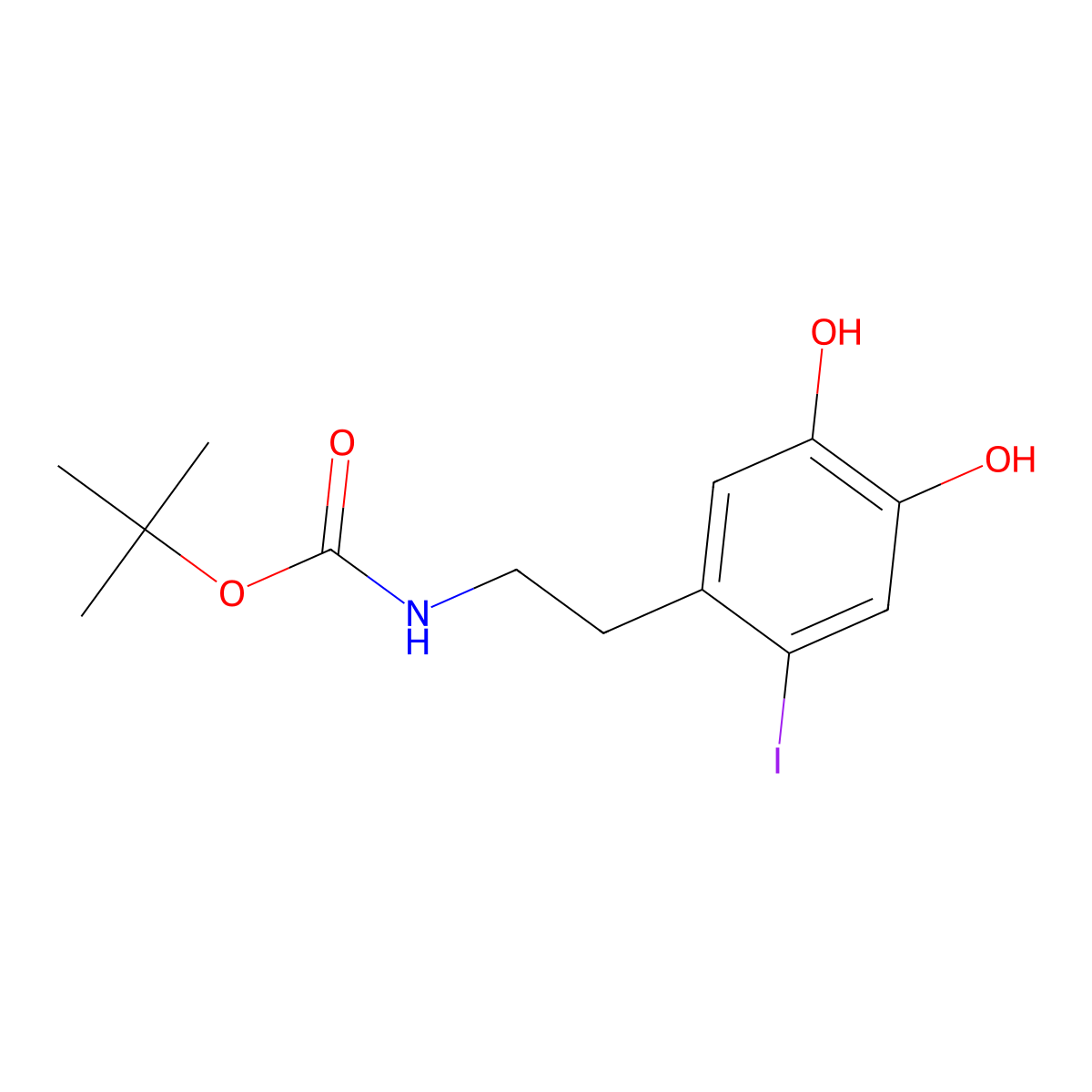 Tert-butyl 4,5-dihydroxy-2-iodophenethylcarbamate molecular structure, CAS 1607804-24-9