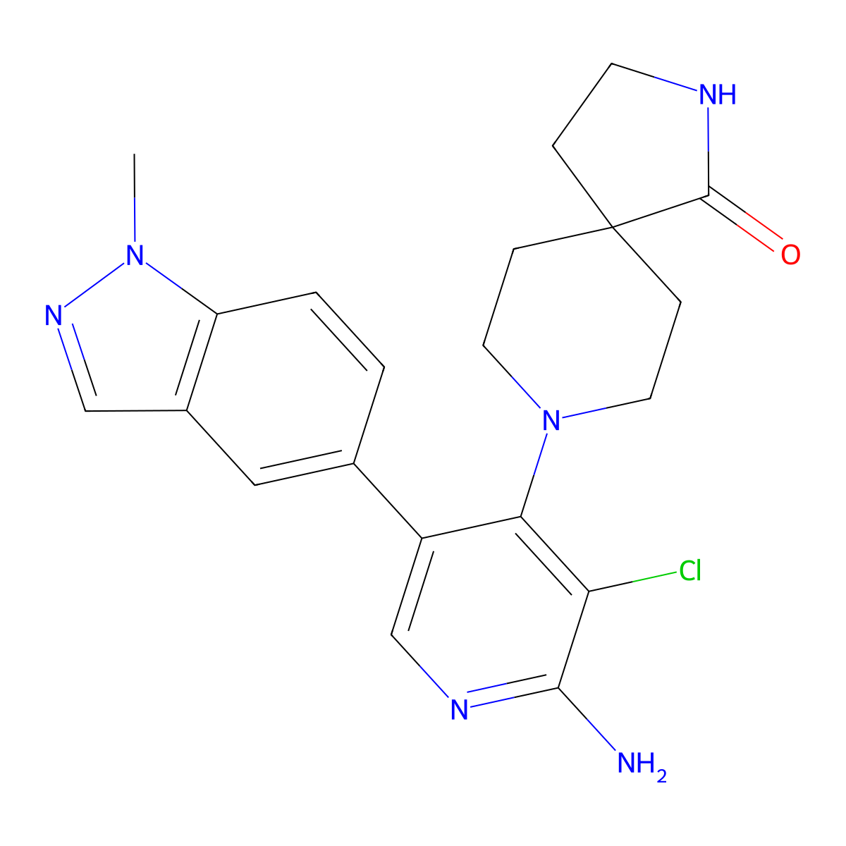 8-(2-amino-3-chloro-5-(1-methyl-1H-indazol-5-yl)pyridin-4-yl)-2,8-diazaspiro[4.5]decan-1-one molecular structure, CAS 1607837-31-9