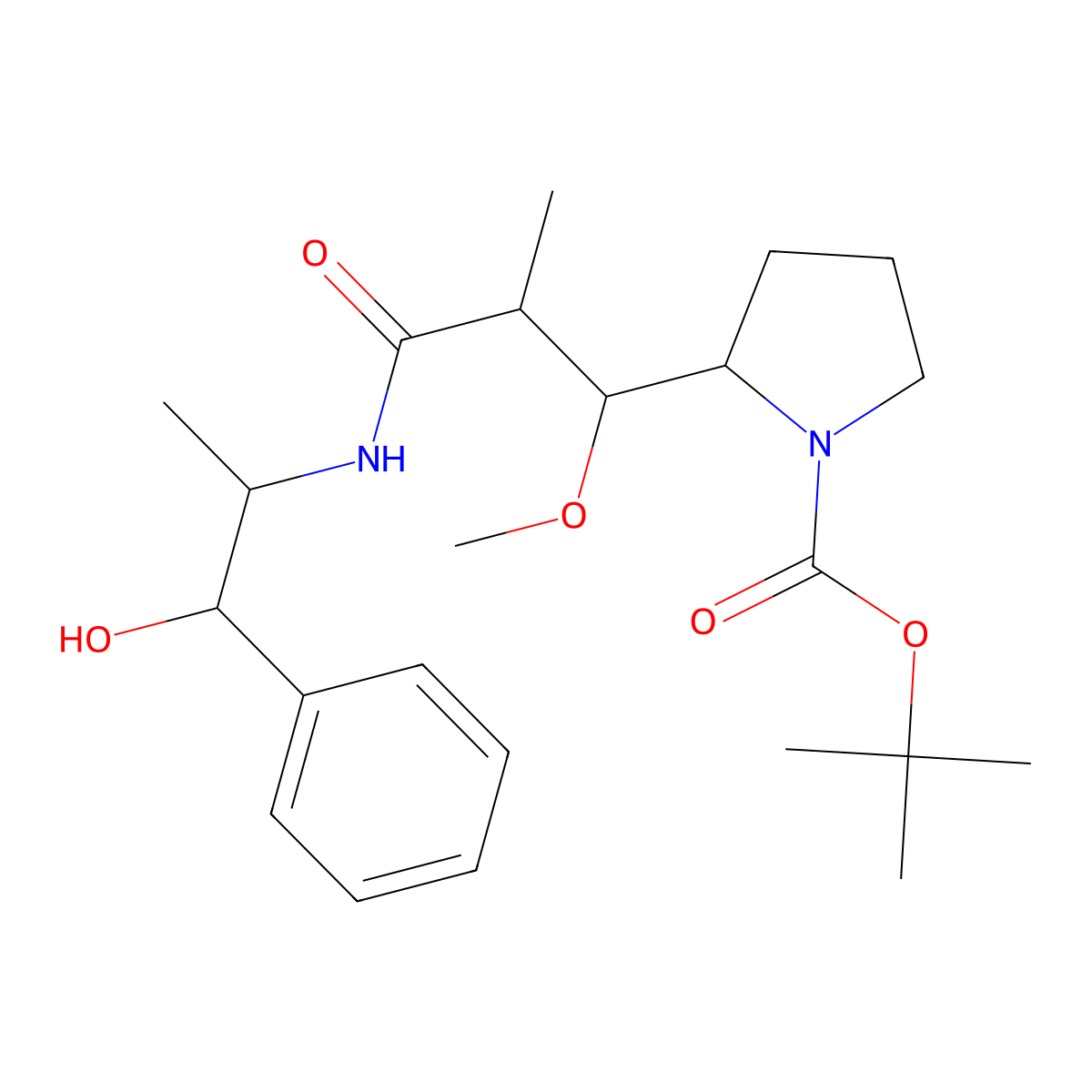 (S)-tert-butyl 2-((1R,2R)-3-(((1S,2R)-1-hydroxy-1-phenylpropan-2-yl)amino)-1-methoxy-2-methyl-3-oxopropyl)pyrrolidine-1-carboxylate molecular structure, CAS 160800-65-7