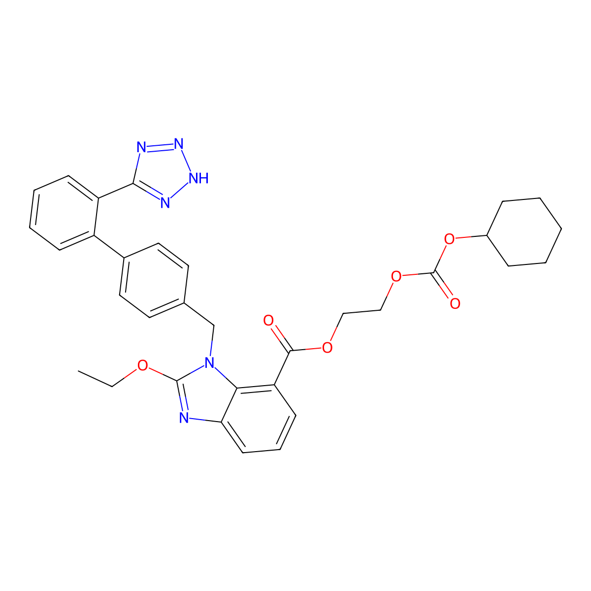 2-{[(cyclohexyloxy)carbonyl]oxy}ethyl 2-ethoxy-1-{[2'-(1H-tetrazol-5-yl)biphenyl-4-yl]methyl}-1H-benzimidazole-7-carboxylate molecular structure, CAS 160819-61-4