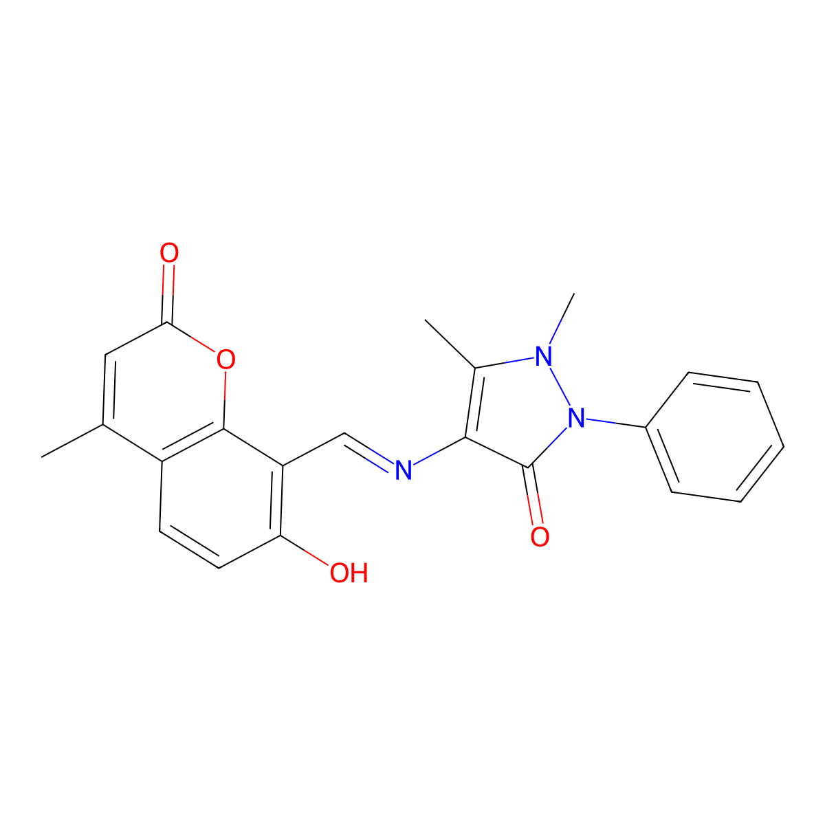 (E)-4-(((7-hydroxy-4-methyl-2-oxo-2H-chromen-8-yl)methylene)amino)-1,5-dimethyl-2-phenyl-1H-pyrazol-3(2H)-one molecular structure, CAS 1608478-48-3