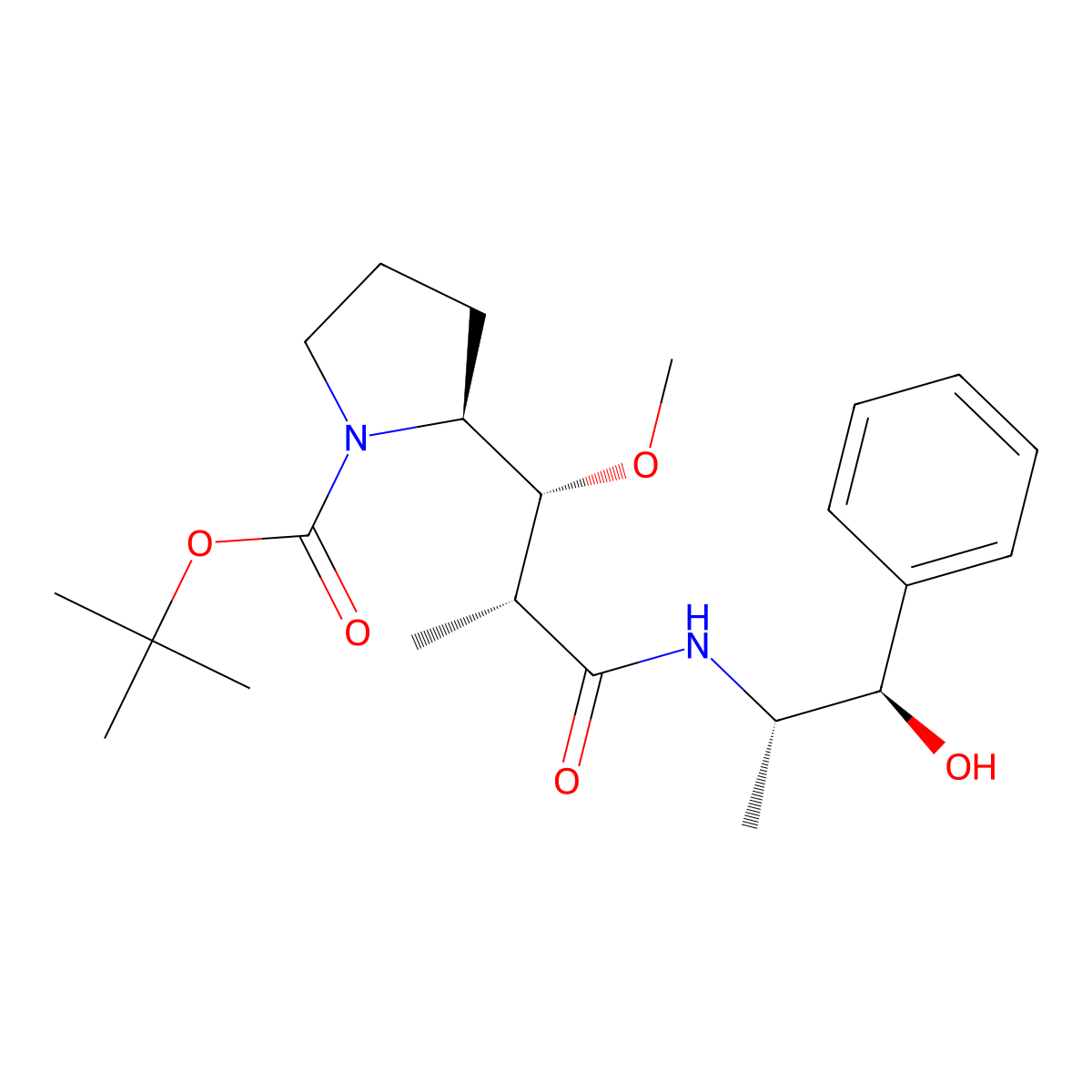 tert-Butyl (S)-2-((1R,2R)-3-(((1R,2S)-1-hydroxy-1-phenylpropan-2-yl)amino)-1-methoxy-2-methyl-3-oxopropyl)pyrrolidine-1-carboxylate molecular structure, CAS 160868-10-0