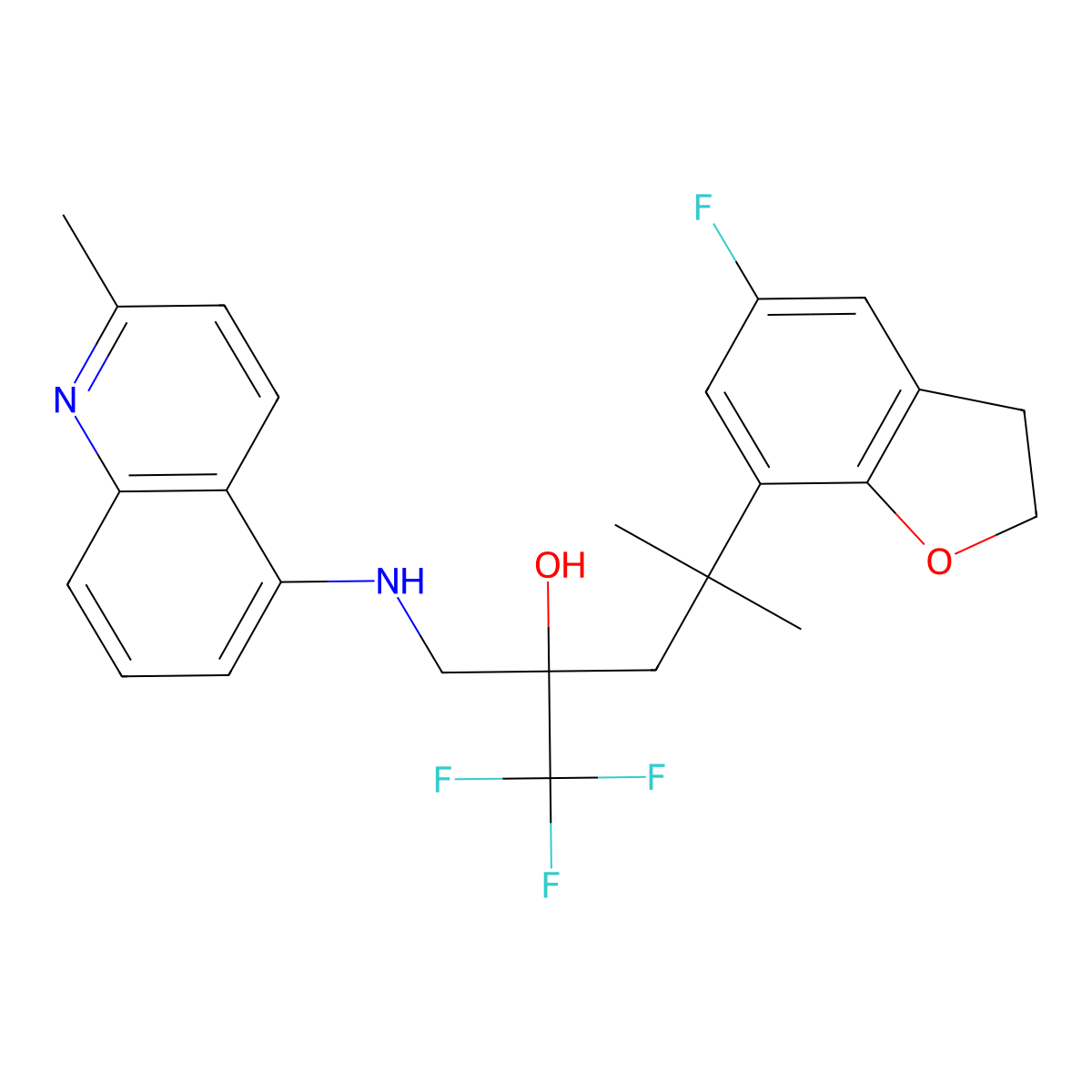 1,1,1-Trifluoro-4-(5-fluoro-2,3-dihydrobenzofuran-7-yl)-4-methyl-2-(((2-methylquinolin-5-yl)amino)methyl)pentan-2-ol molecular structure, CAS 1609049-24-2