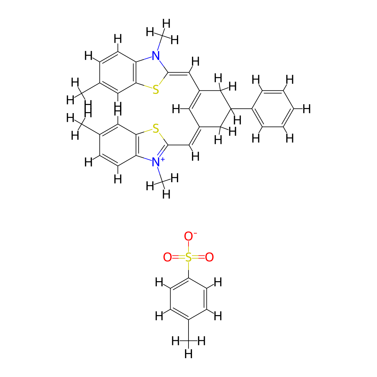 2-({3-[(3,6-Dimethyl-2,3-dihydro-1,3-benzothiazol-2-ylidene)methyl]-5-phenylcyclohex-2-en-1-ylidene}methyl)-3,6-dimethyl-1,3-benzothiazol-3-ium 4-methylbenzene-1-sulfonate molecular structure, CAS 160911-24-0