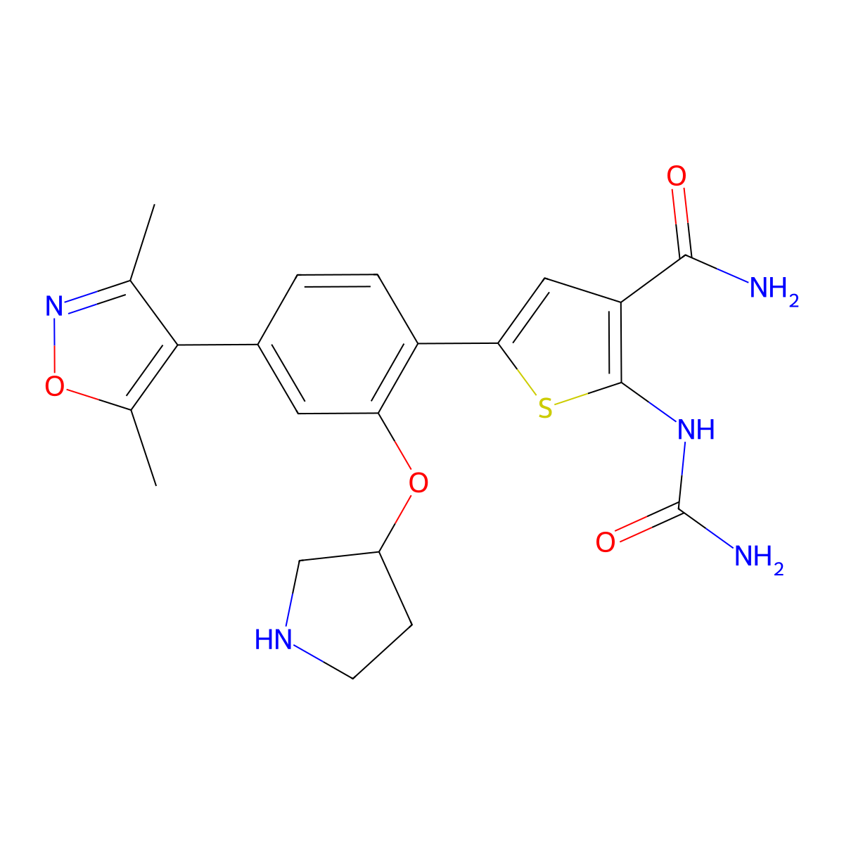 3-Thiophenecarboxamide, 2-((aminocarbonyl)amino)-5-(4-(3,5-dimethyl-4-isoxazolyl)-2-((3S)-3-pyrrolidinyloxy)phenyl)- molecular structure, CAS 1609281-86-8