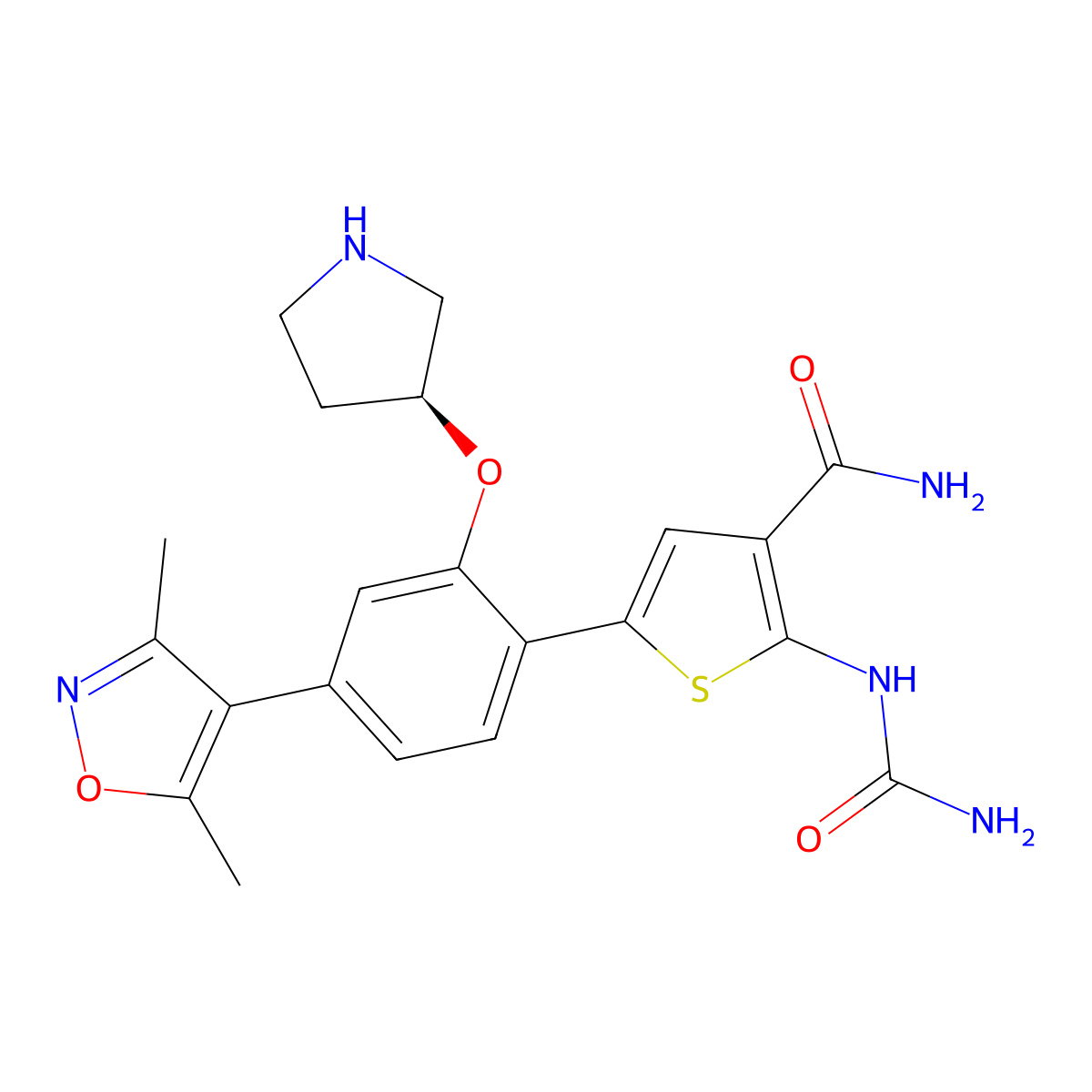 3-Thiophenecarboxamide, 2-((aminocarbonyl)amino)-5-(4-(3,5-dimethyl-4-isoxazolyl)-2-((3S)-3-pyrrolidinyloxy)phenyl)- molecular structure, CAS 1609281-86-8