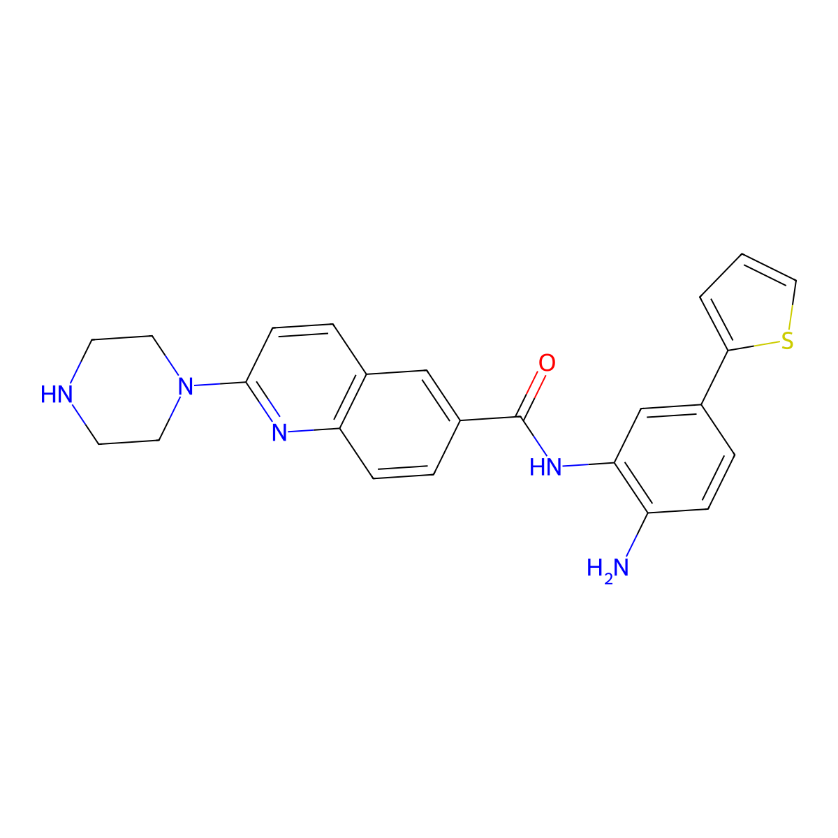 N-[2-Amino-5-(2-thienyl)phenyl]-2-(1-piperazinyl)-6-quinolinecarboxamide molecular structure, CAS 1609389-52-7