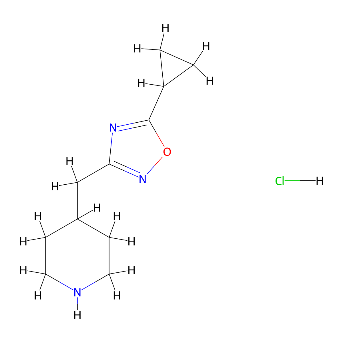 4-[(5-Cyclopropyl-1,2,4-oxadiazol-3-YL)methyl]piperidine hydrochloride molecular structure, CAS 1609396-00-0