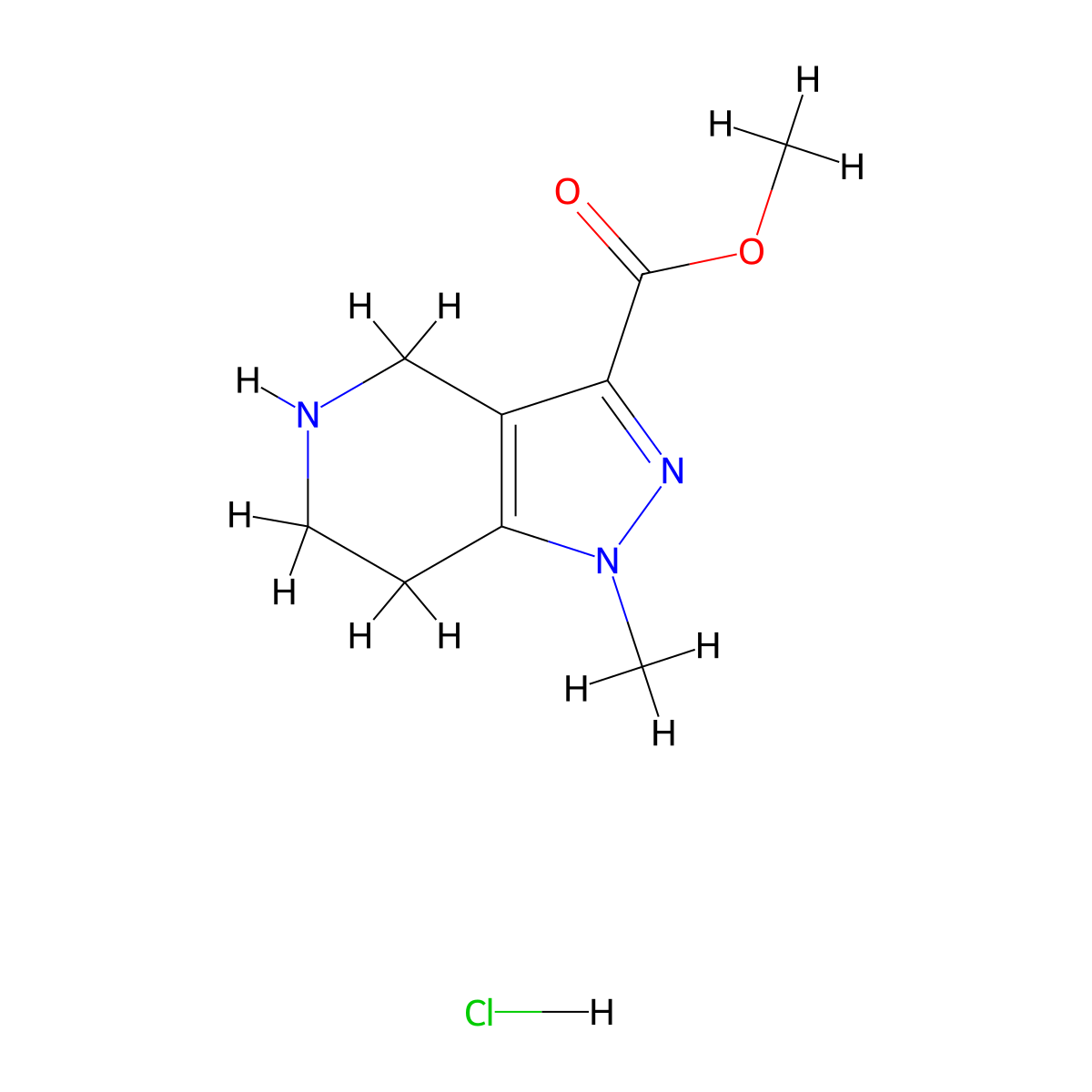 Methyl 1-methyl-4,5,6,7-tetrahydro-1H-pyrazolo[4,3-c]pyridine-3-carboxylate hydrochloride molecular structure, CAS 1609401-30-0