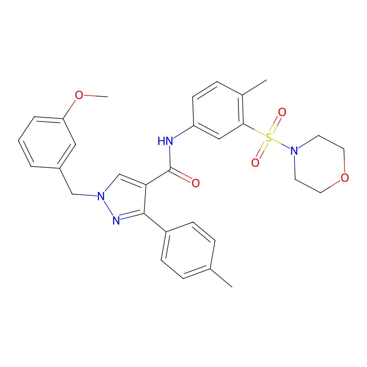 1-(3-methoxybenzyl)-N-(4-methyl-3-(morpholinosulfonyl)phenyl)-3-(p-tolyl)-1H-pyrazole-4-carboxamide molecular structure, CAS 1609564-75-1